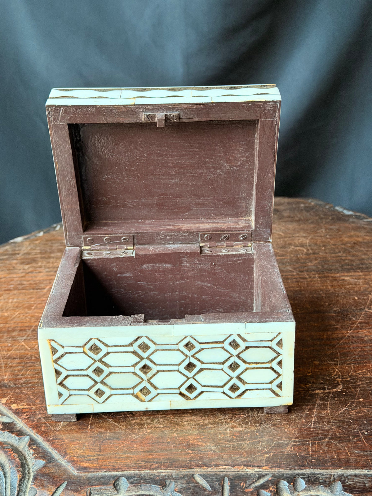 Indian Bovine Bone Inlay Wooden Box Geometric Lattice Hinged Jewelry Trinket Box 5.8 in