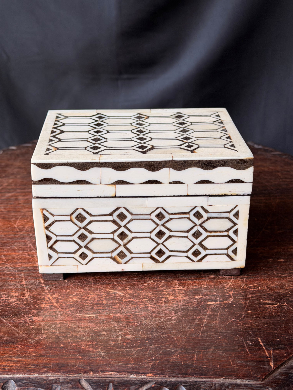 Indian Bovine Bone Inlay Wooden Box Geometric Lattice Hinged Jewelry Trinket Box 5.8 in