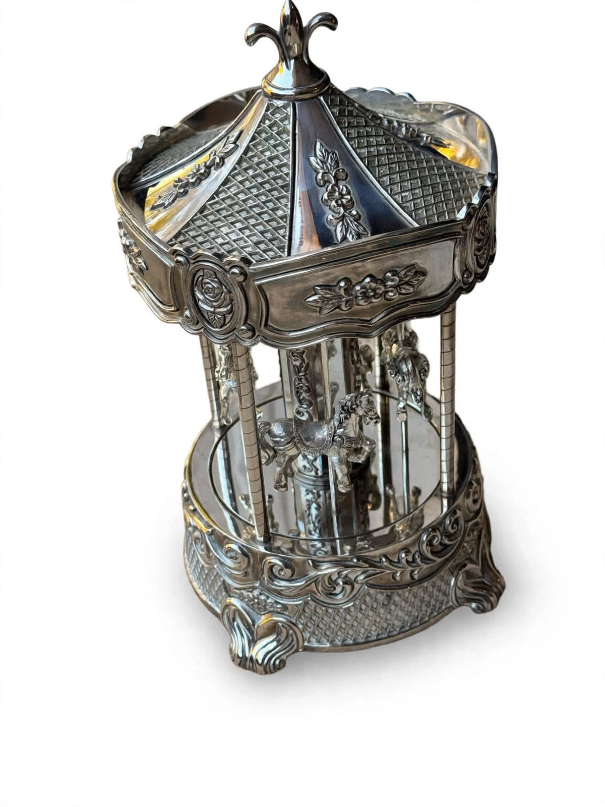 Wallace Silversmiths Silver Plated Musical Carousel 4 Horses Music Box Working 9 in