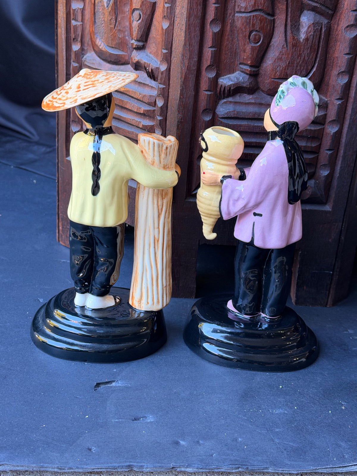 Vintage Walter Wilson California Pottery Ho-Jai and Joy Ming Figural Bud Vases Pair 9 in