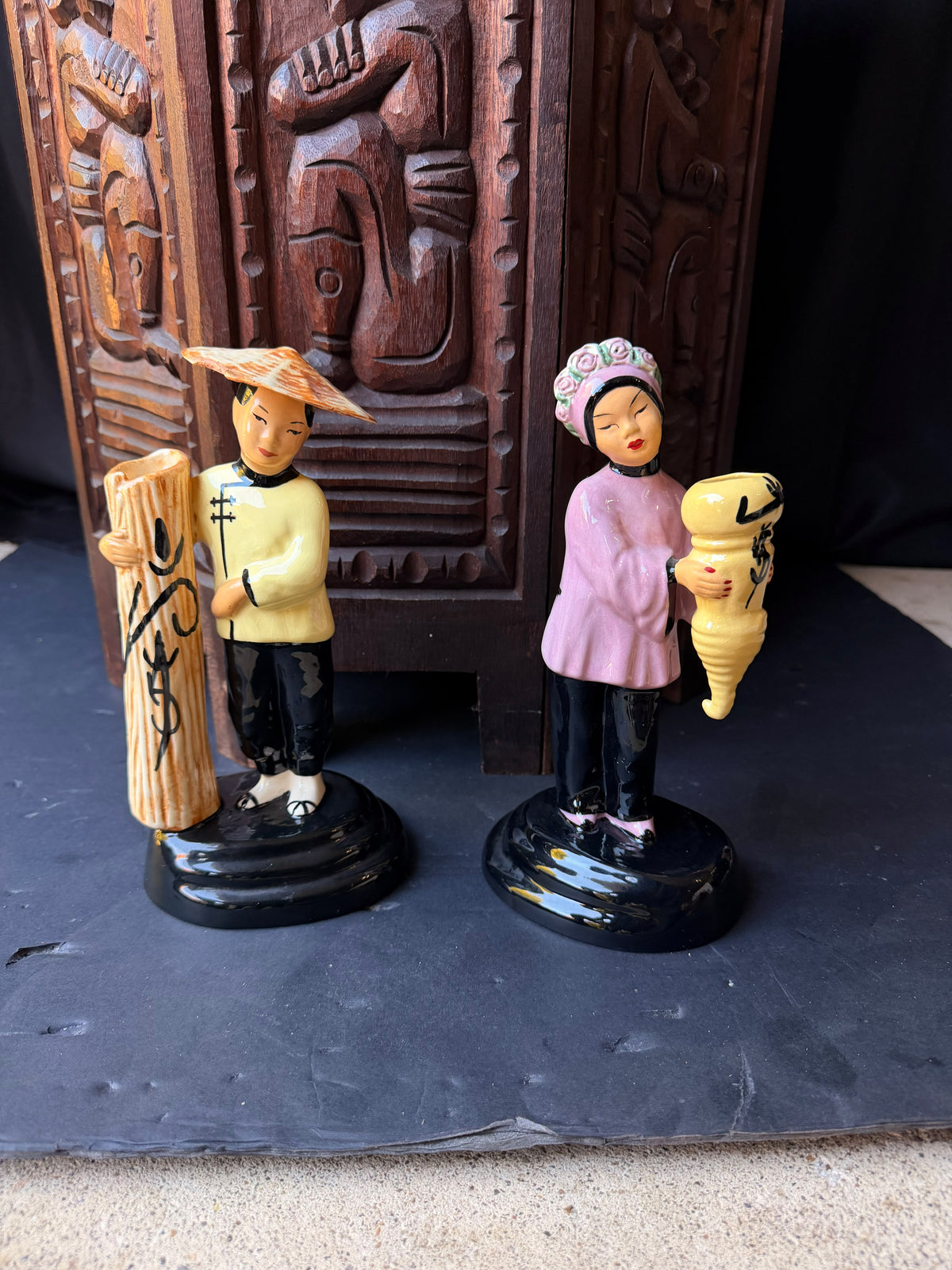 Vintage Walter Wilson California Pottery Ho-Jai and Joy Ming Figural Bud Vases Pair 9 in