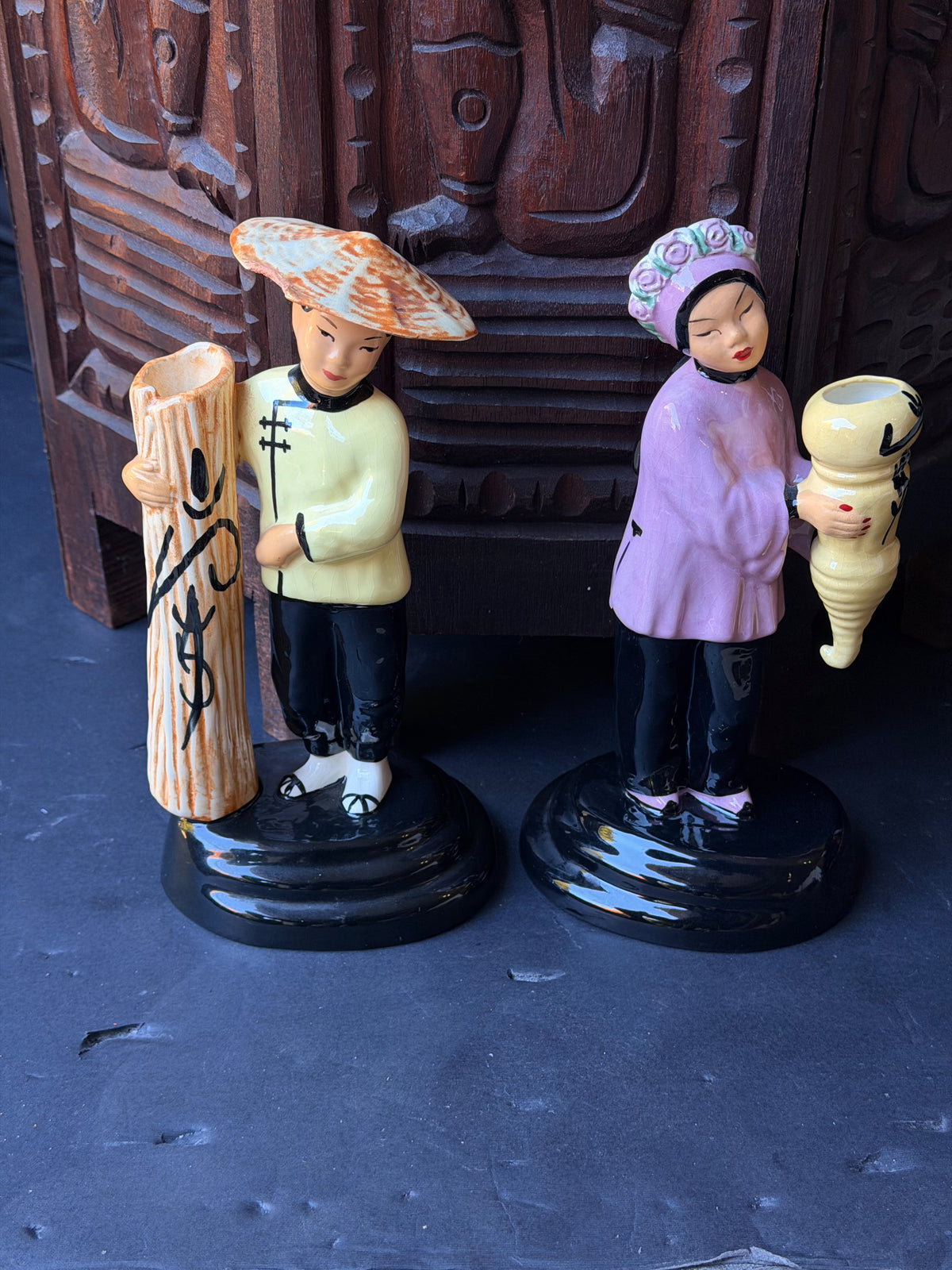Vintage Walter Wilson California Pottery Ho-Jai and Joy Ming Figural Bud Vases Pair 9 in