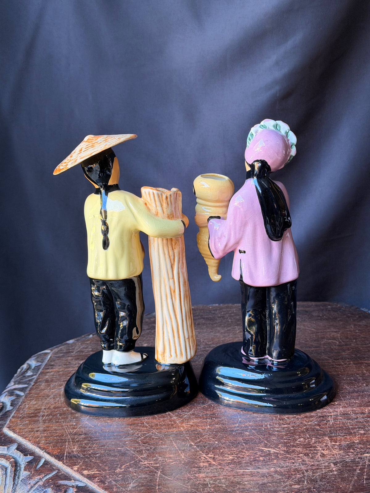 Vintage Walter Wilson California Pottery Ho-Jai and Joy Ming Figural Bud Vases Pair 9 in