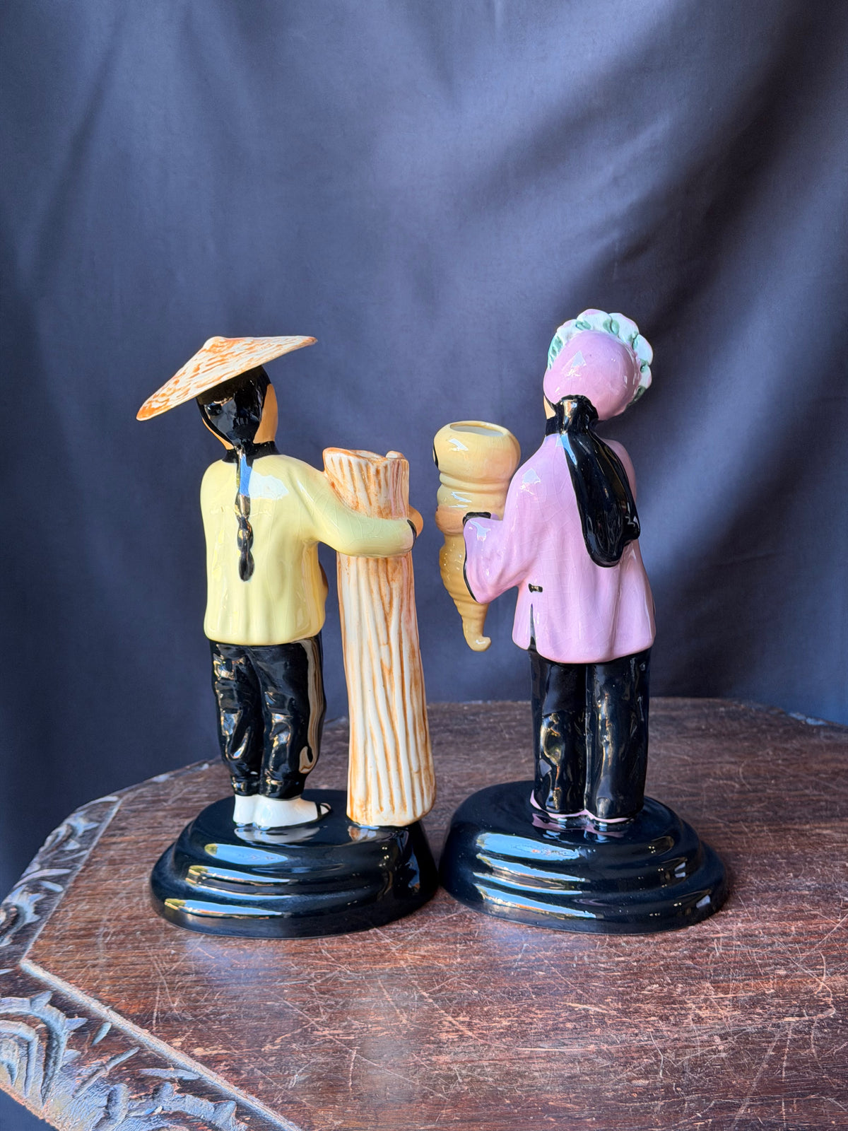 Vintage Walter Wilson California Pottery Ho-Jai and Joy Ming Figural Bud Vases Pair 9 in