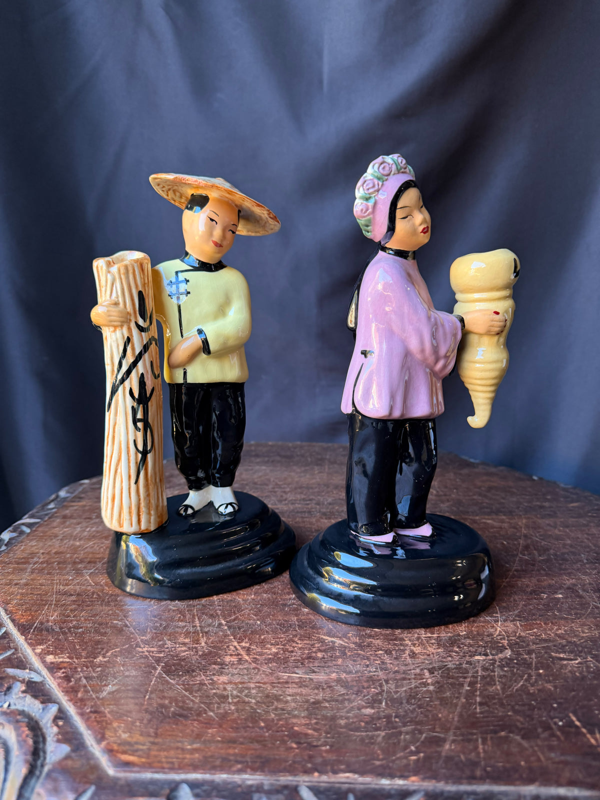 Vintage Walter Wilson California Pottery Ho-Jai and Joy Ming Figural Bud Vases Pair 9 in