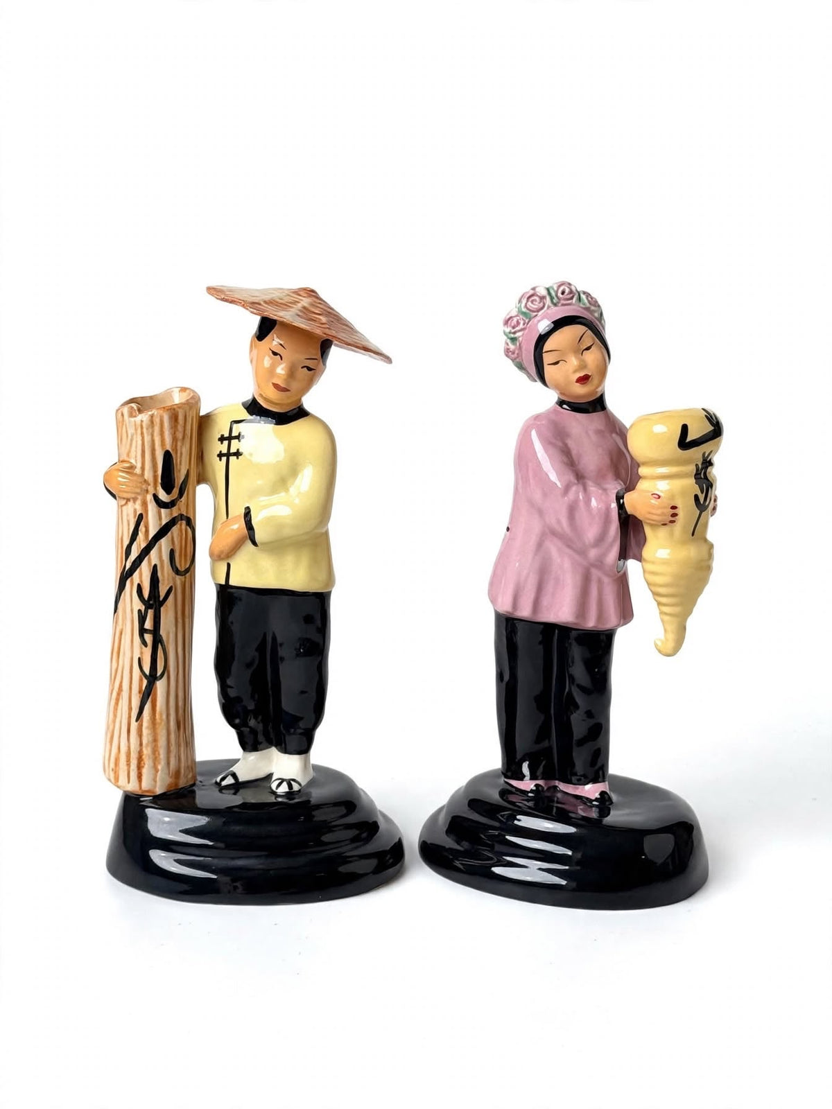 Vintage Walter Wilson California Pottery Ho-Jai and Joy Ming Figural Bud Vases Pair 9 in