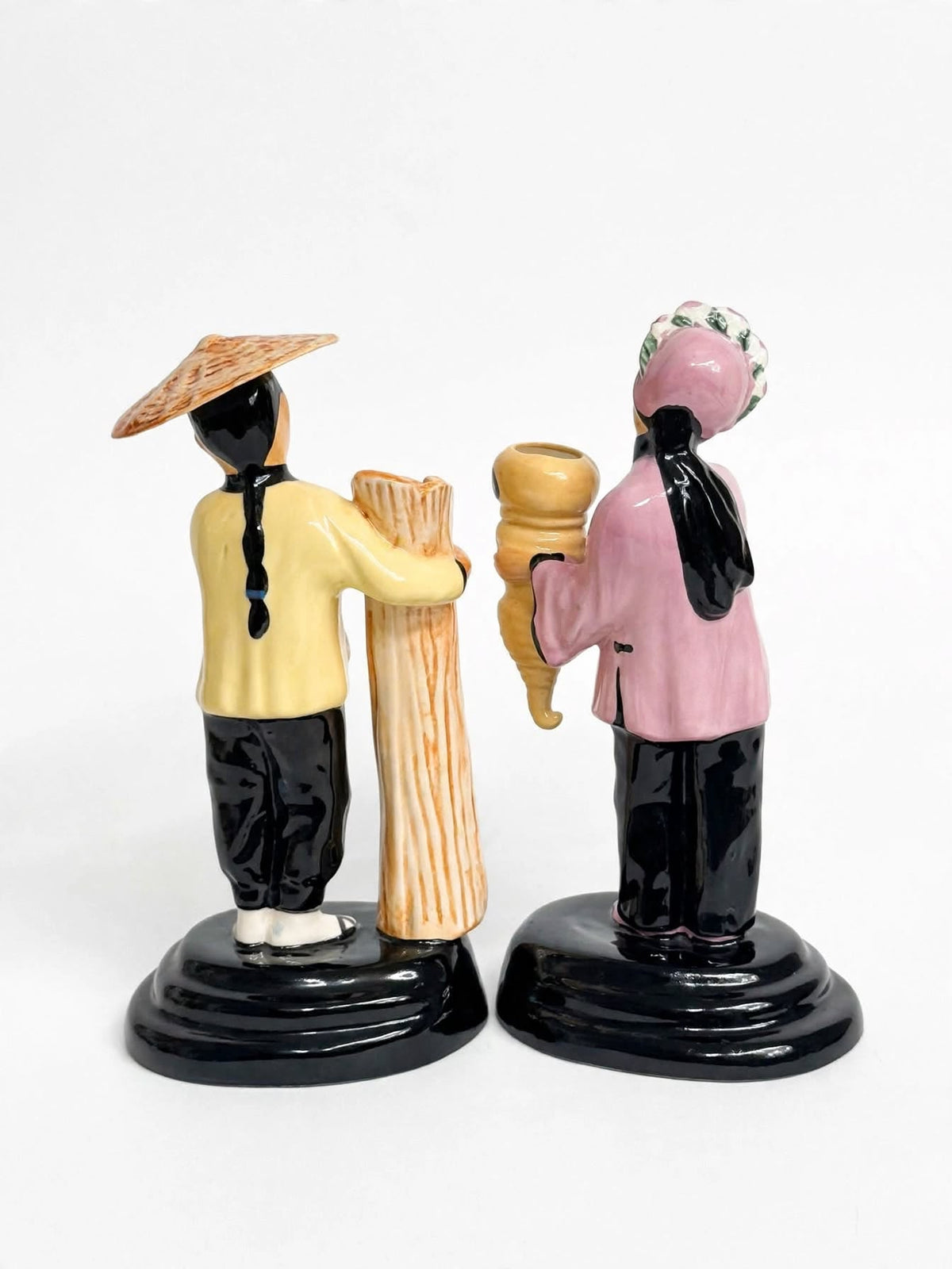 Vintage Walter Wilson California Pottery Ho-Jai and Joy Ming Figural Bud Vases Pair 9 in