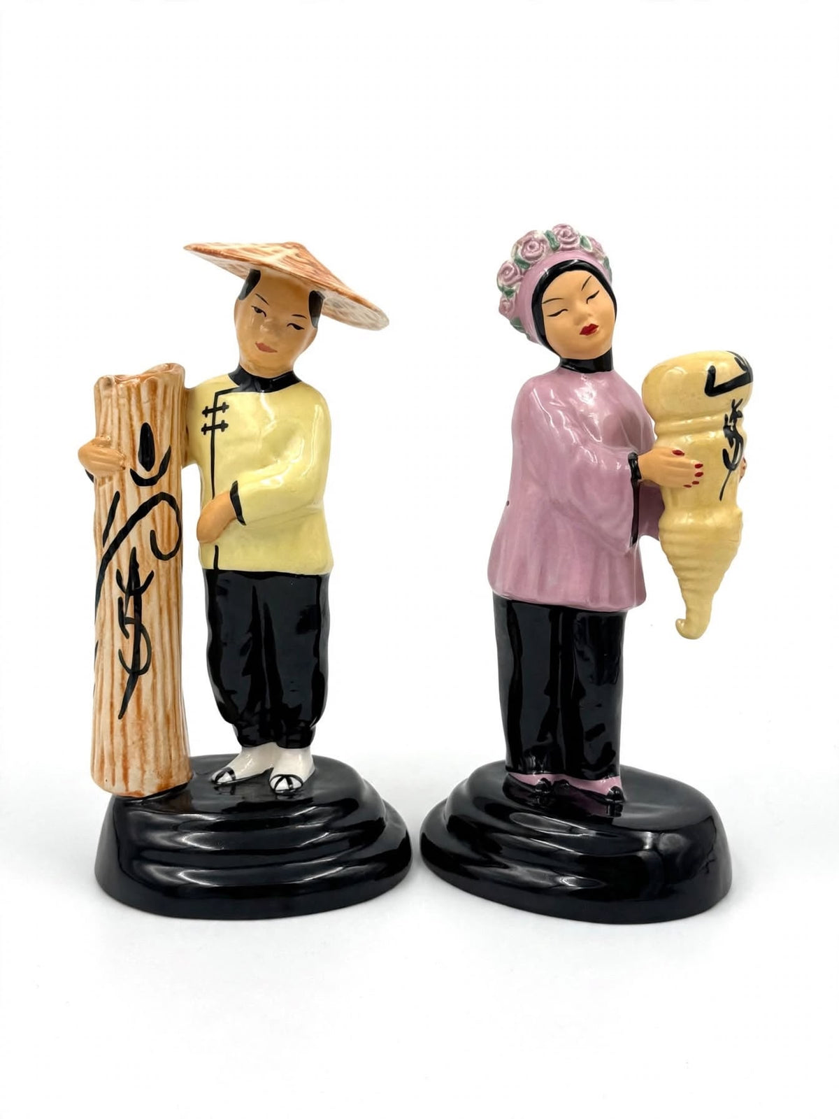 Vintage Walter Wilson California Pottery Ho-Jai and Joy Ming Figural Bud Vases Pair 9 in