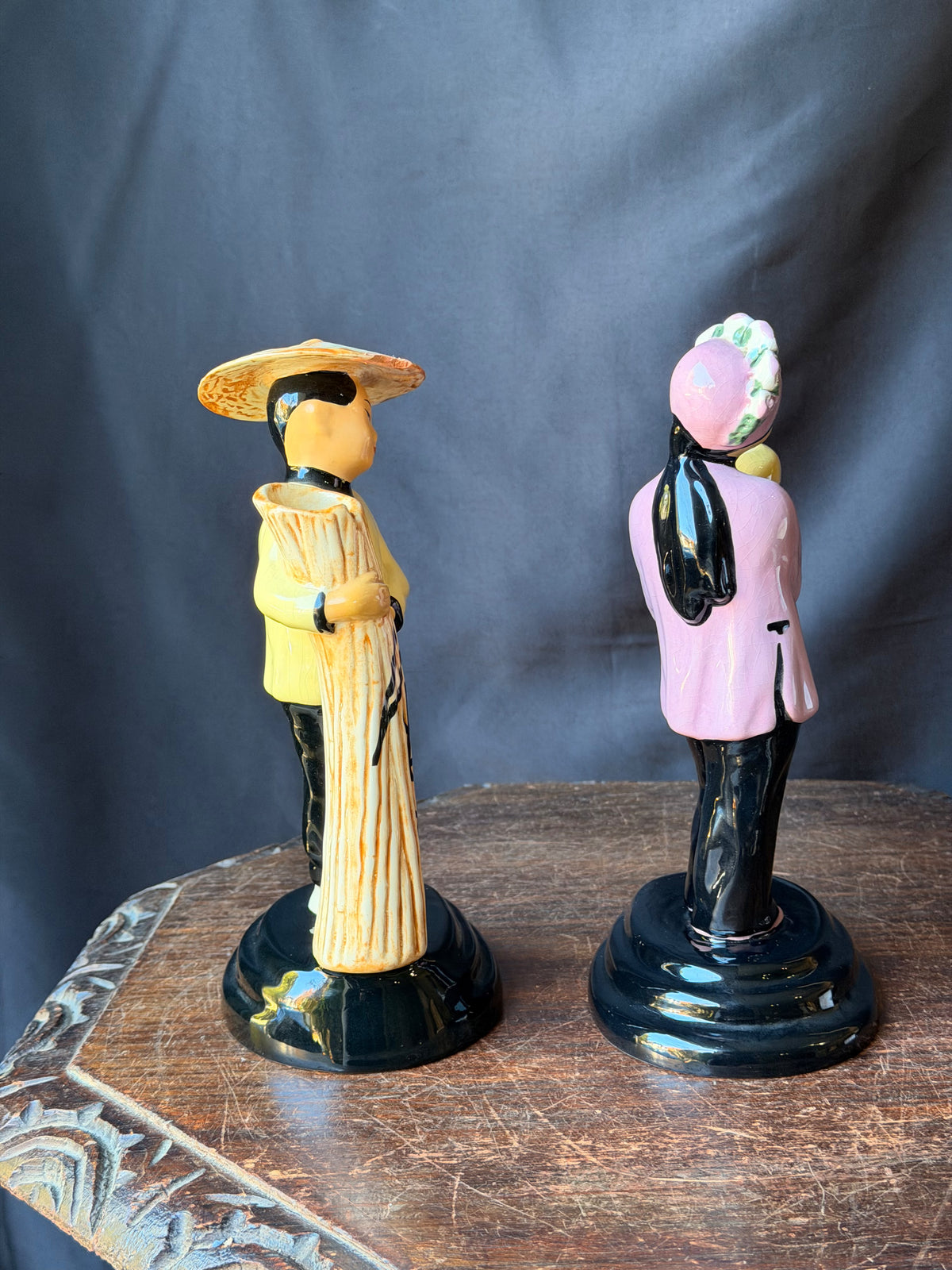 Vintage Walter Wilson California Pottery Ho-Jai and Joy Ming Figural Bud Vases Pair 9 in
