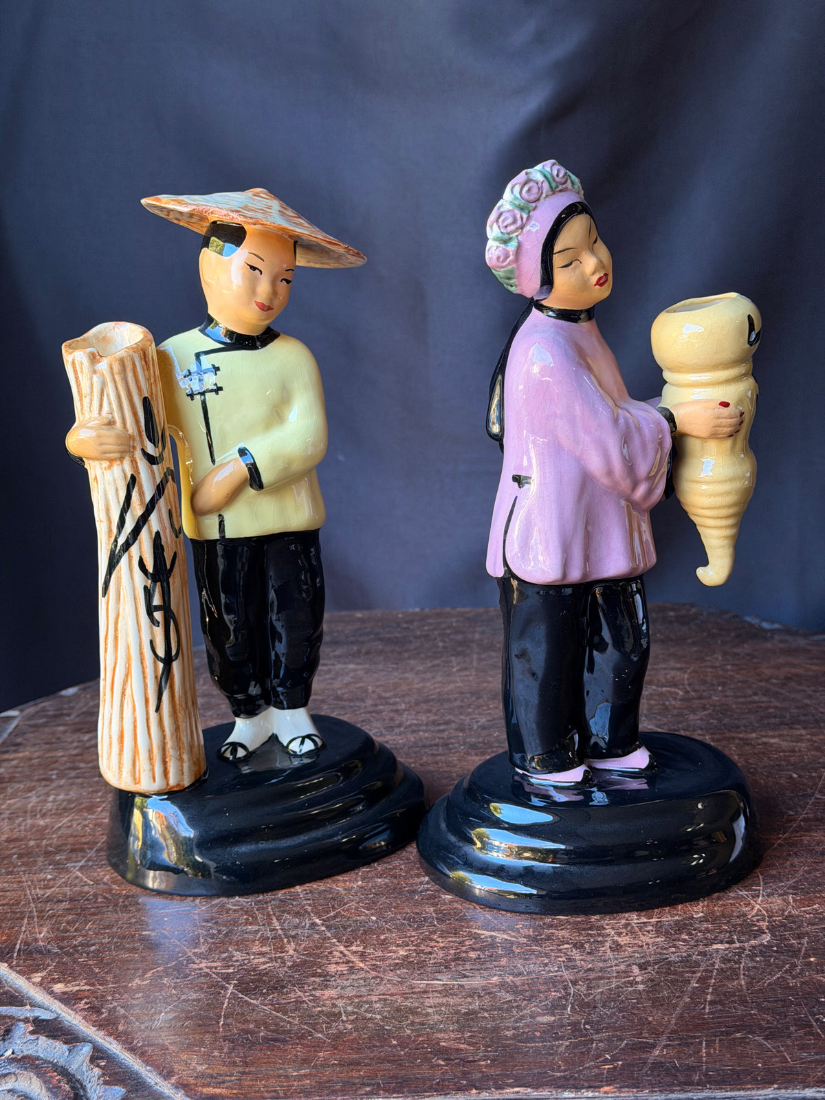 Vintage Walter Wilson California Pottery Ho-Jai and Joy Ming Figural Bud Vases Pair 9 in