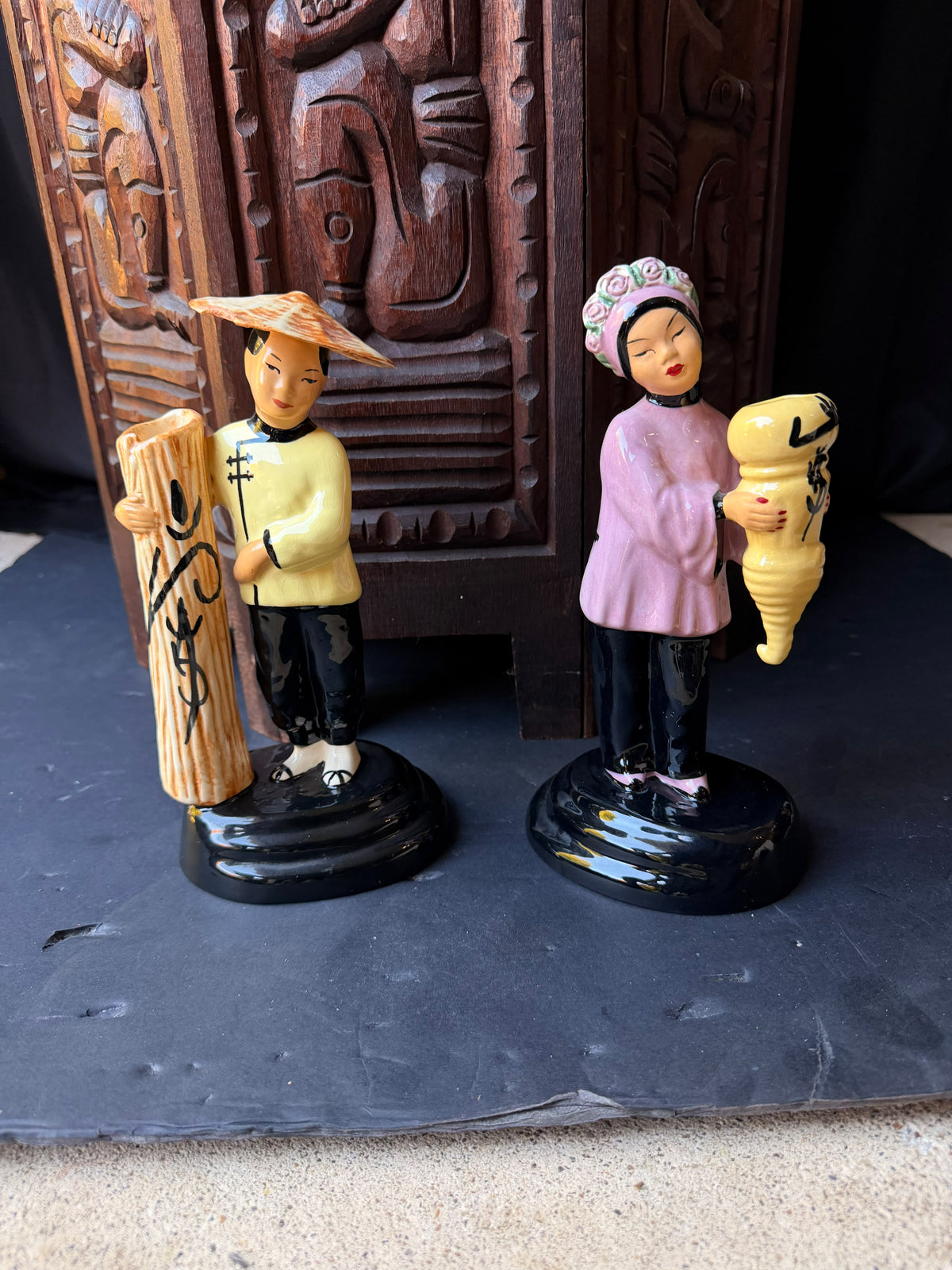 Vintage Walter Wilson California Pottery Ho-Jai and Joy Ming Figural Bud Vases Pair 9 in