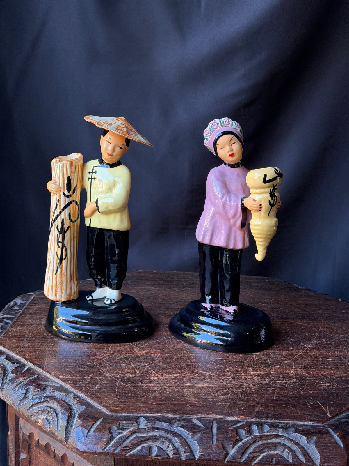 Vintage Walter Wilson California Pottery Ho-Jai and Joy Ming Figural Bud Vases Pair 9 in