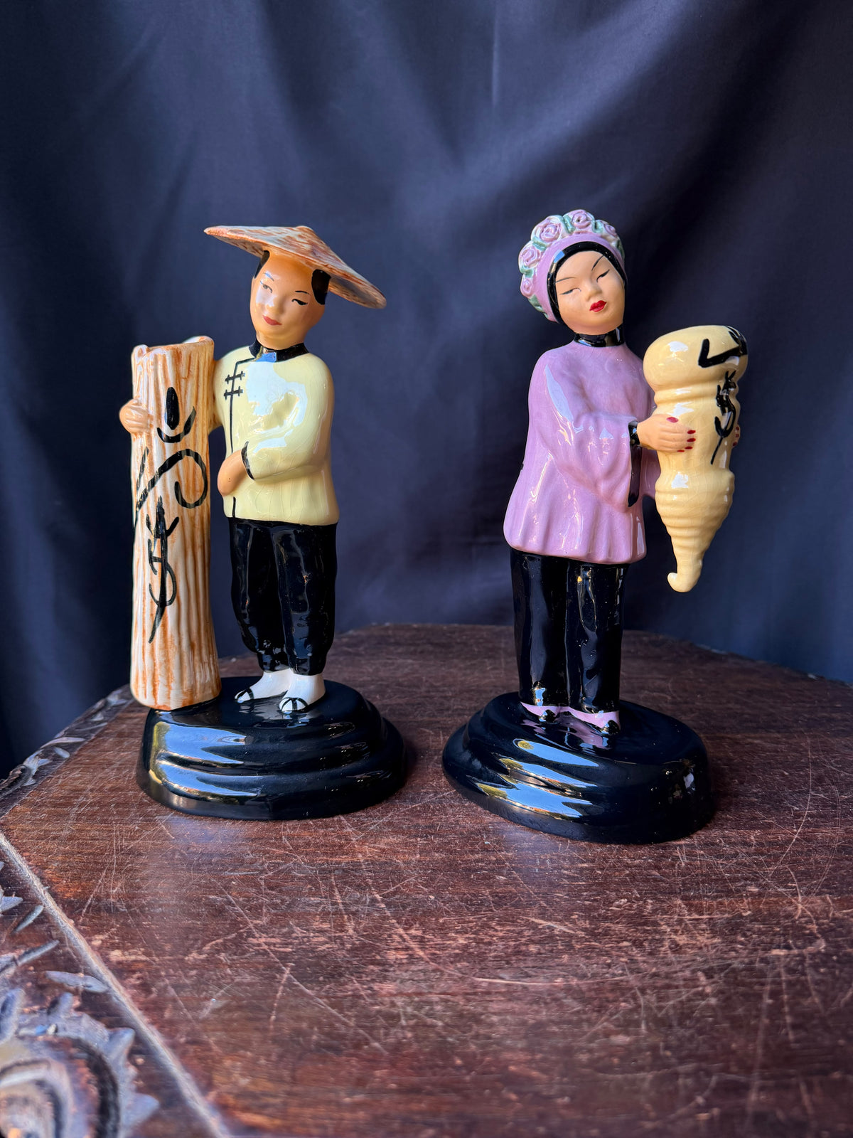 Vintage Walter Wilson California Pottery Ho-Jai and Joy Ming Figural Bud Vases Pair 9 in