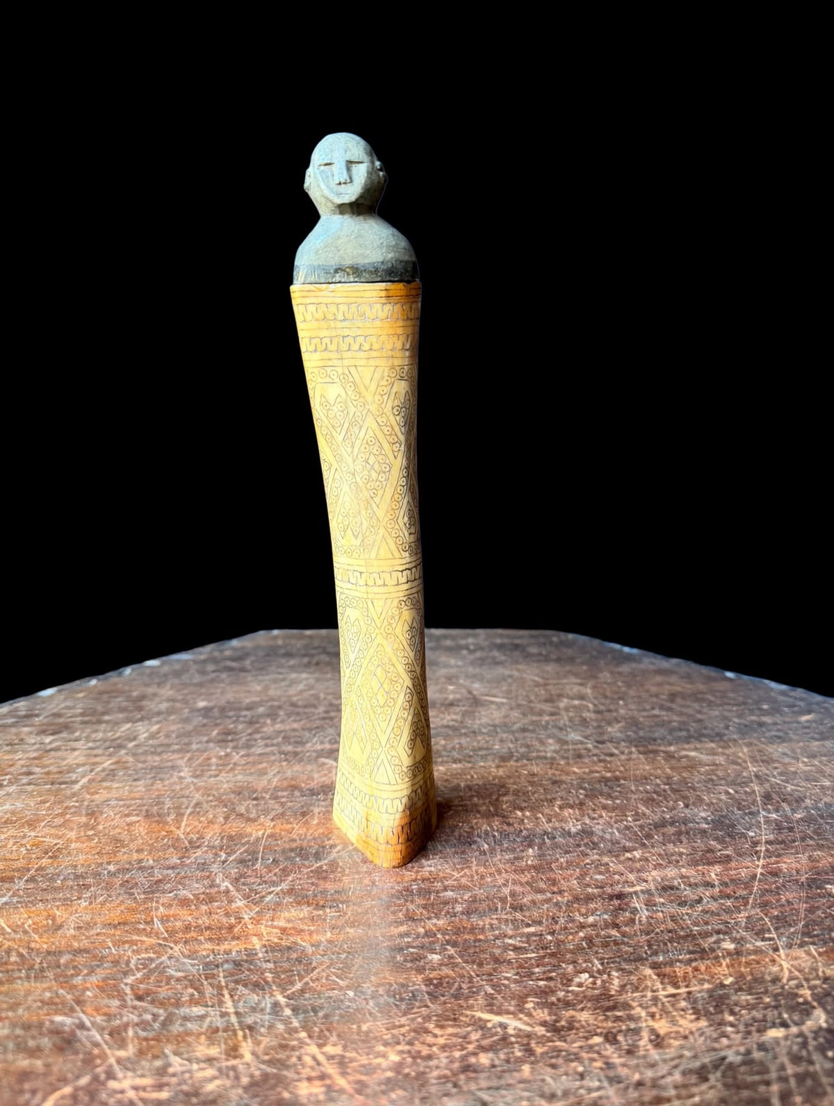 Vintage Timor Carved Bovine Bone & Wood Lime Container Figural Stopper 9 in