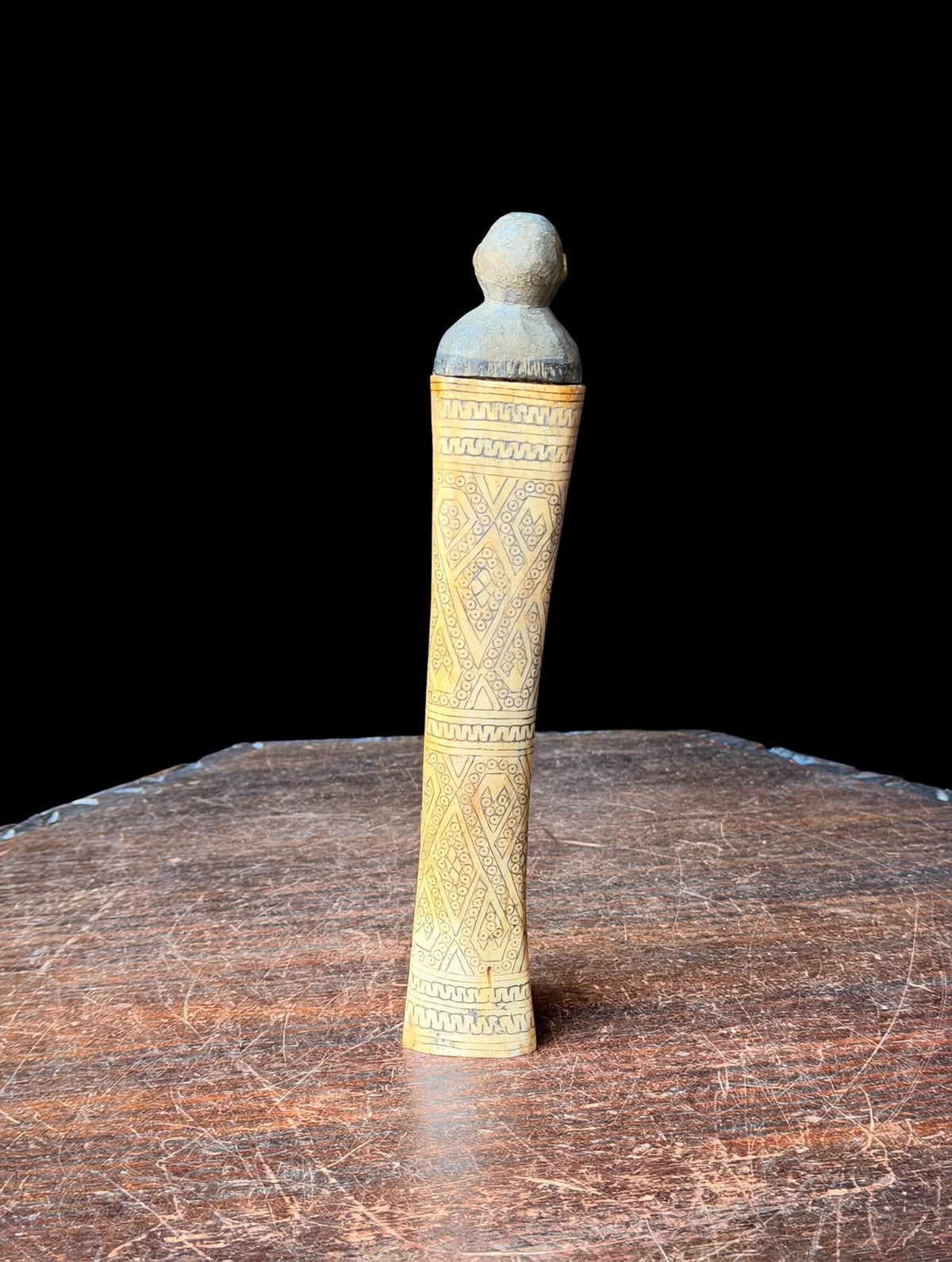 Vintage Timor Carved Bovine Bone & Wood Lime Container Figural Stopper 9 in