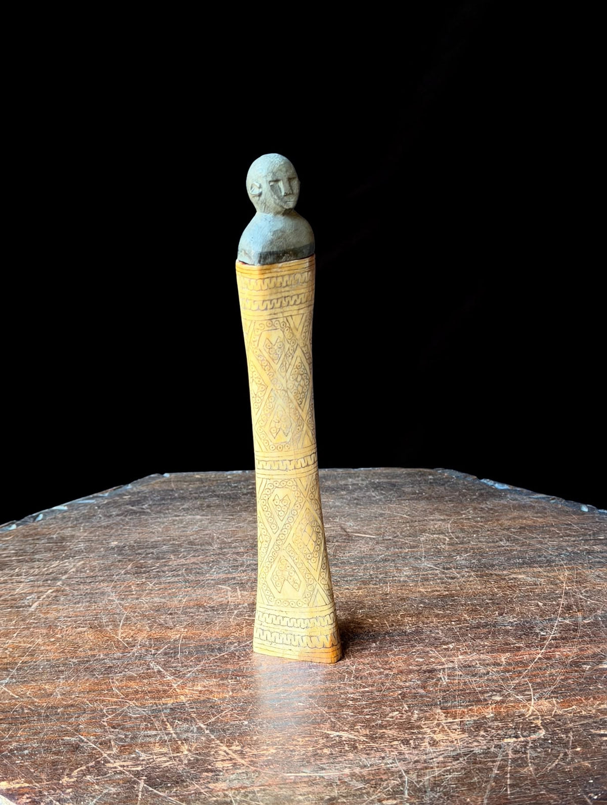 Vintage Timor Carved Bovine Bone & Wood Lime Container Figural Stopper 9 in