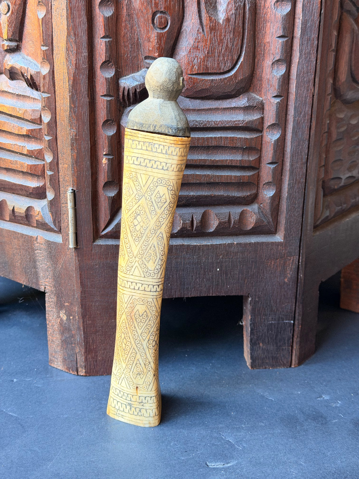 Vintage Timor Carved Bovine Bone & Wood Lime Container Figural Stopper 9 in