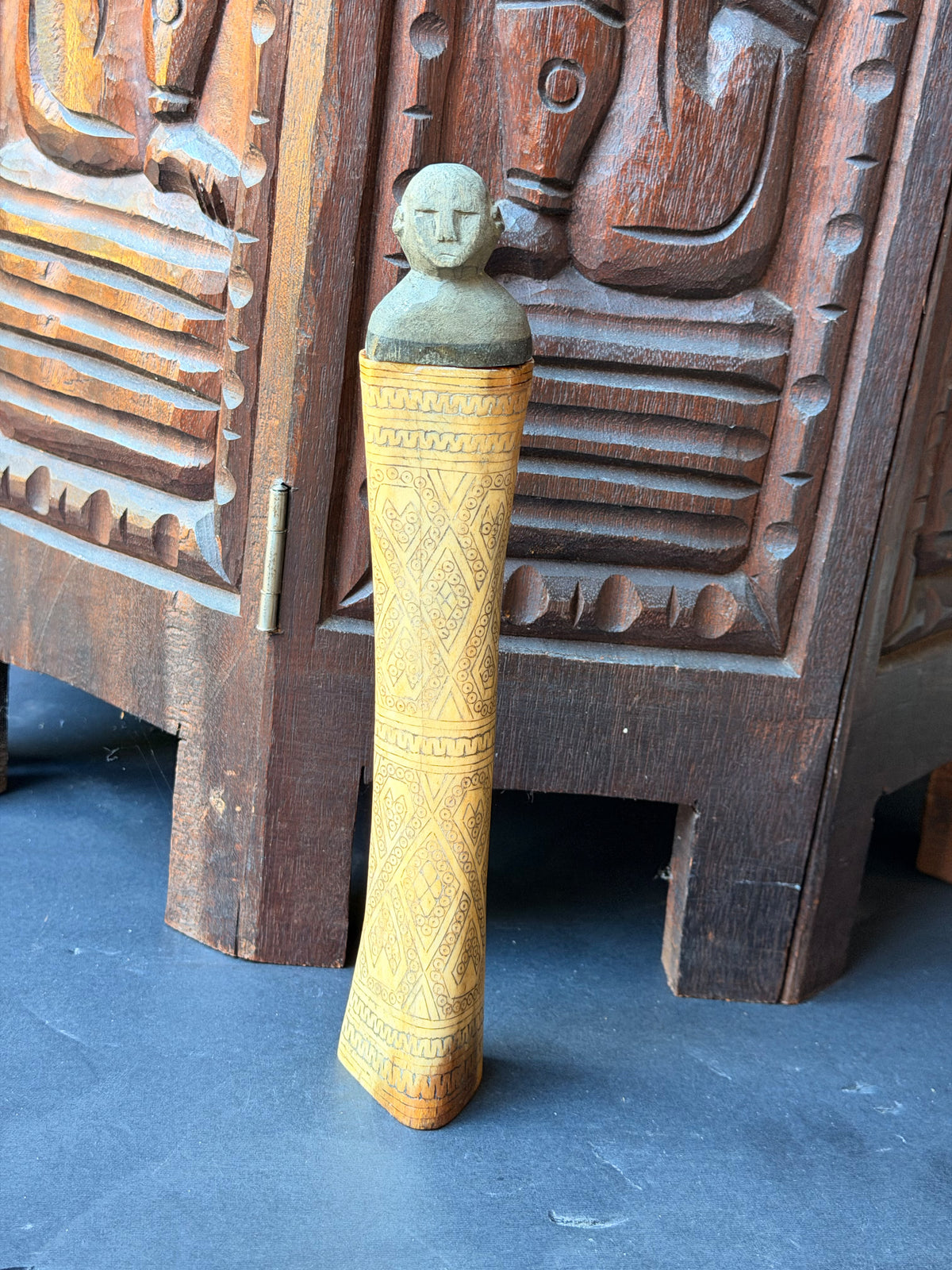 Vintage Timor Carved Bovine Bone & Wood Lime Container Figural Stopper 9 in