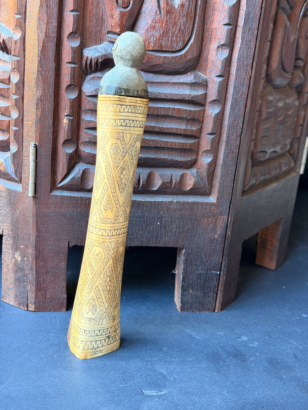Vintage Timor Carved Bovine Bone & Wood Lime Container Figural Stopper 9 in