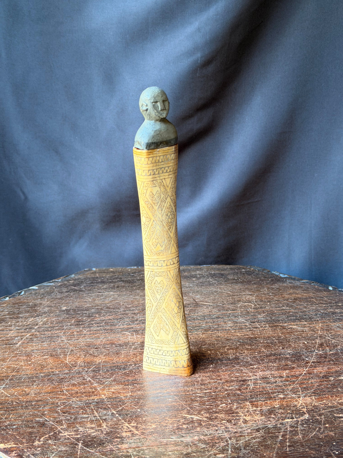 Vintage Timor Carved Bovine Bone & Wood Lime Container Figural Stopper 9 in