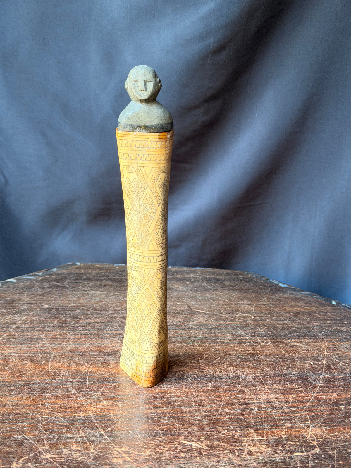 Vintage Timor Carved Bovine Bone & Wood Lime Container Figural Stopper 9 in