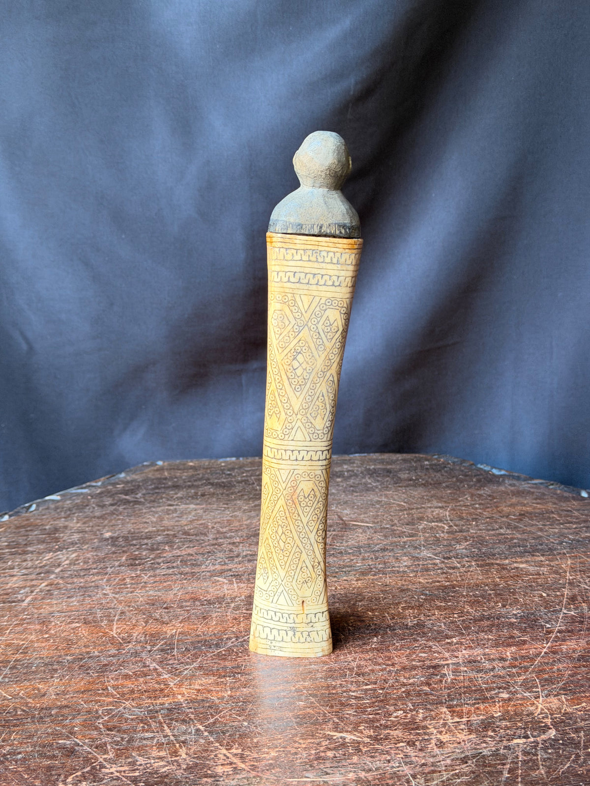 Vintage Timor Carved Bovine Bone & Wood Lime Container Figural Stopper 9 in