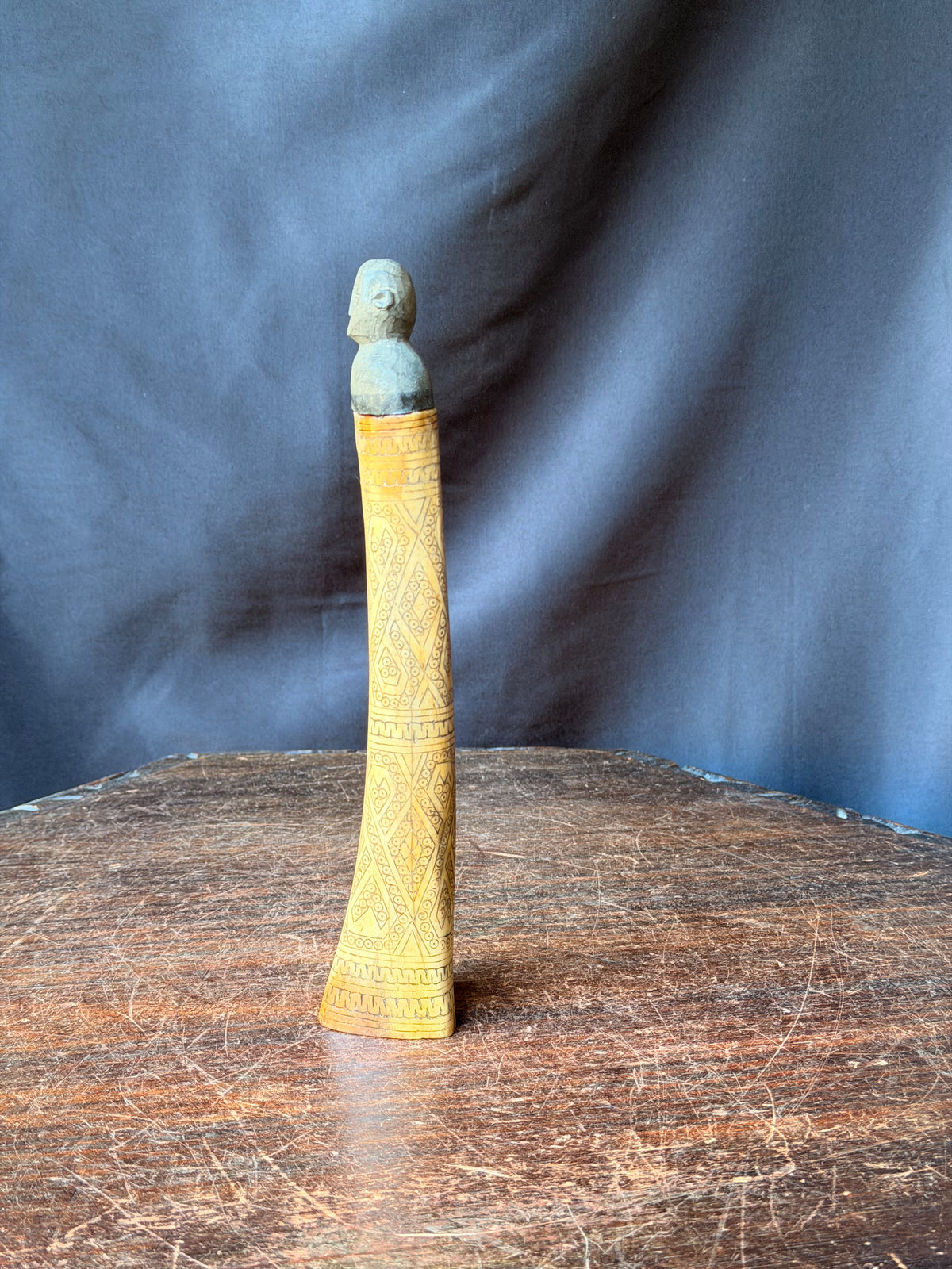 Vintage Timor Carved Bovine Bone & Wood Lime Container Figural Stopper 9 in