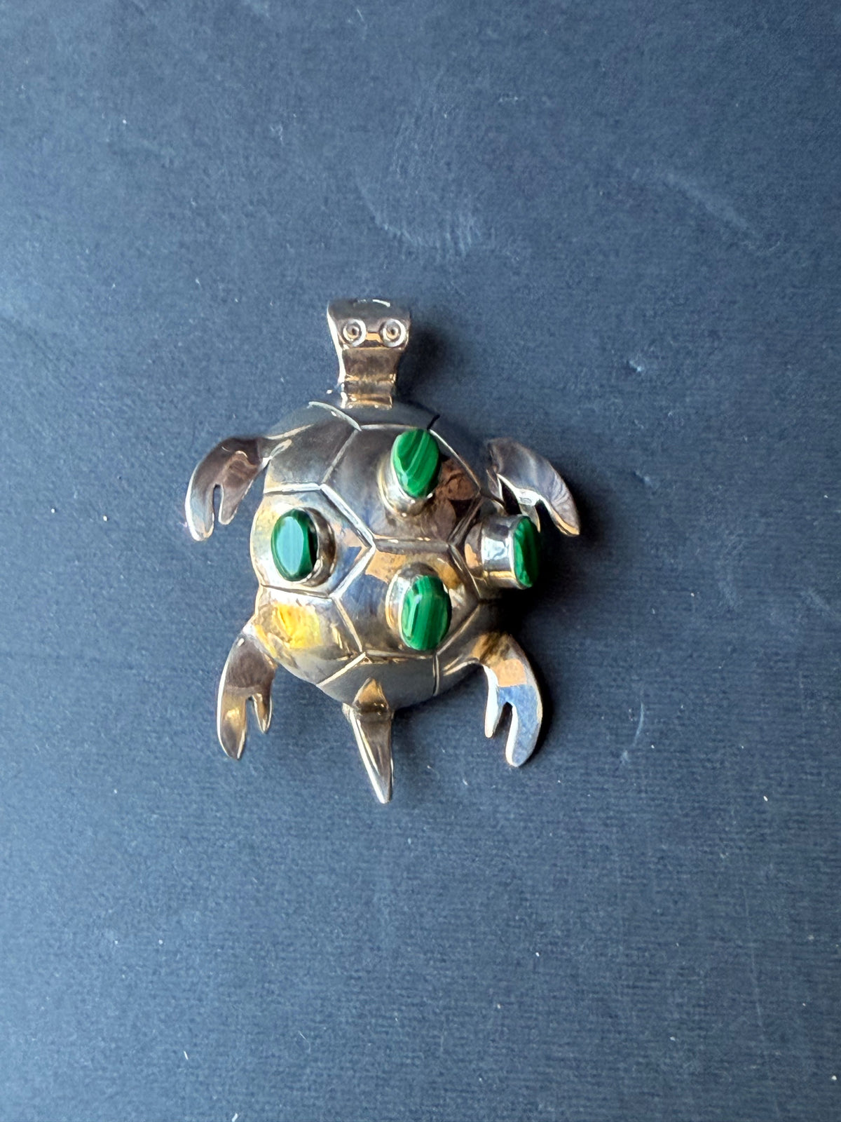 Vintage Mexico 925 Sterling Silver Malachite Turtle Brooch Pin Pendant 2.2 in