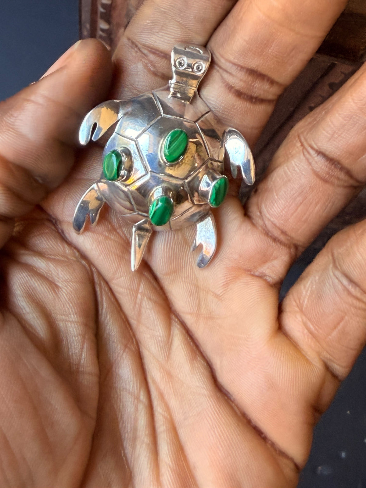 Vintage Mexico 925 Sterling Silver Malachite Turtle Brooch Pin Pendant 2.2 in