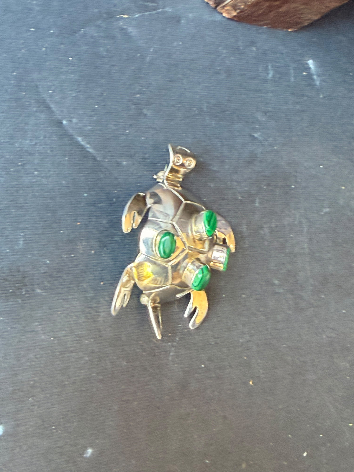 Vintage Mexico 925 Sterling Silver Malachite Turtle Brooch Pin Pendant 2.2 in