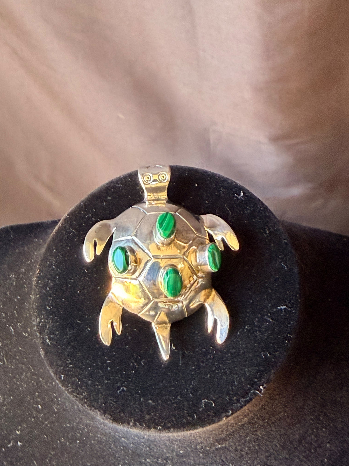 Vintage Mexico 925 Sterling Silver Malachite Turtle Brooch Pin Pendant 2.2 in