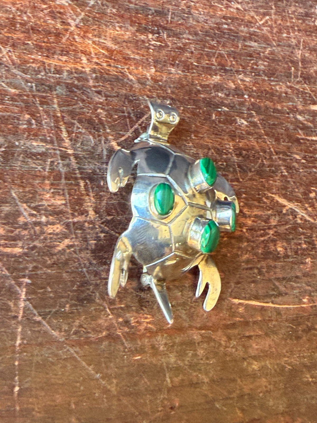 Vintage Mexico 925 Sterling Silver Malachite Turtle Brooch Pin Pendant 2.2 in