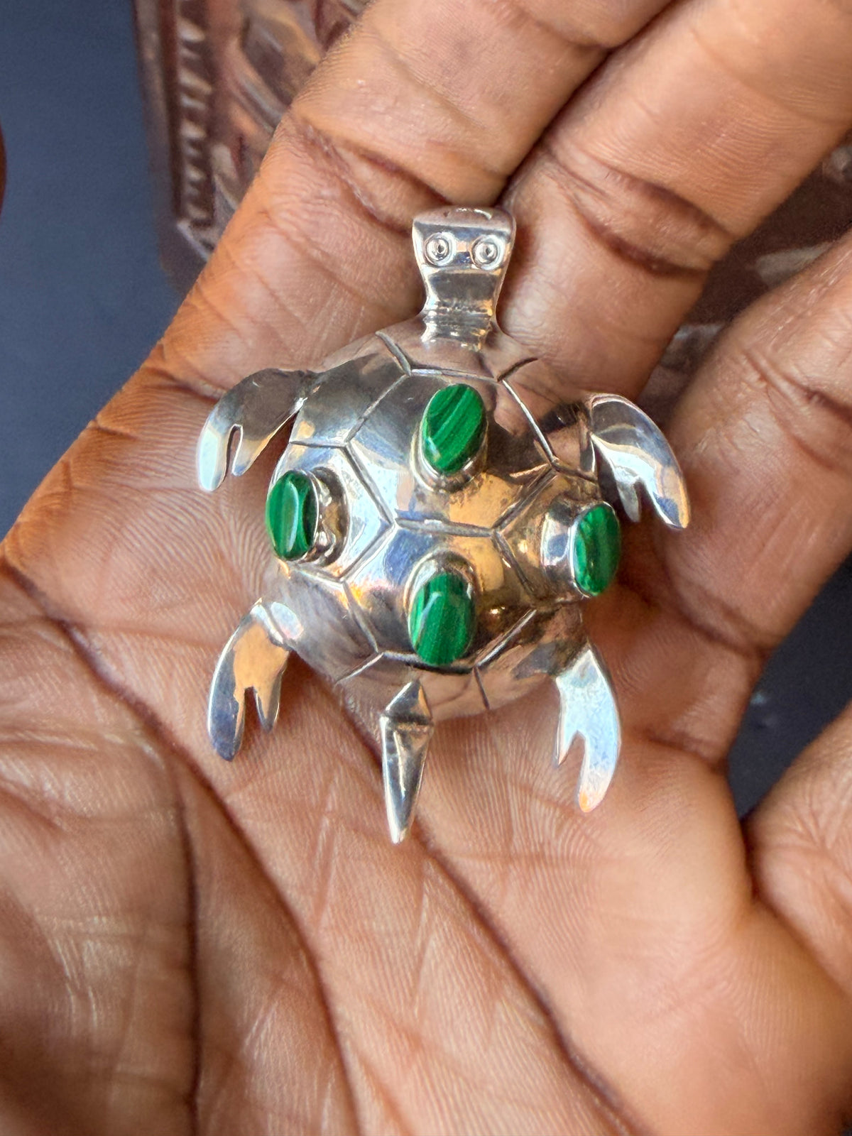 Vintage Mexico 925 Sterling Silver Malachite Turtle Brooch Pin Pendant 2.2 in