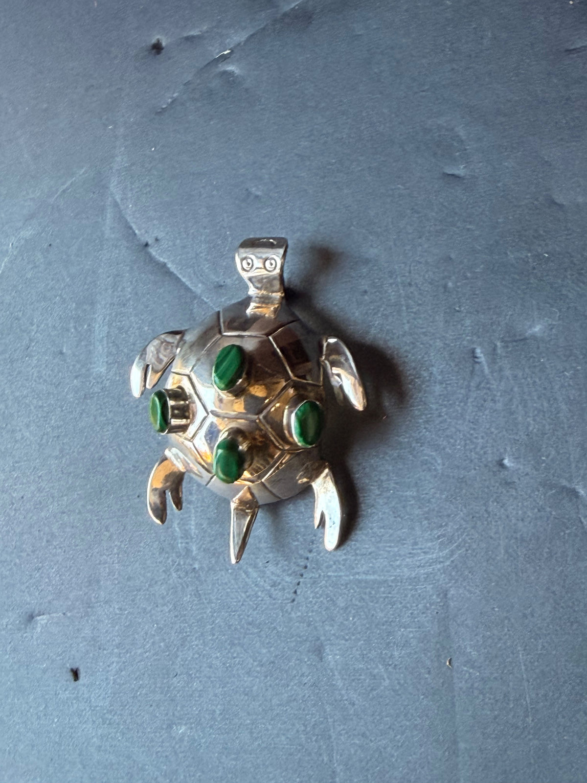 Vintage Mexico 925 Sterling Silver Malachite Turtle Brooch Pin Pendant 2.2 in