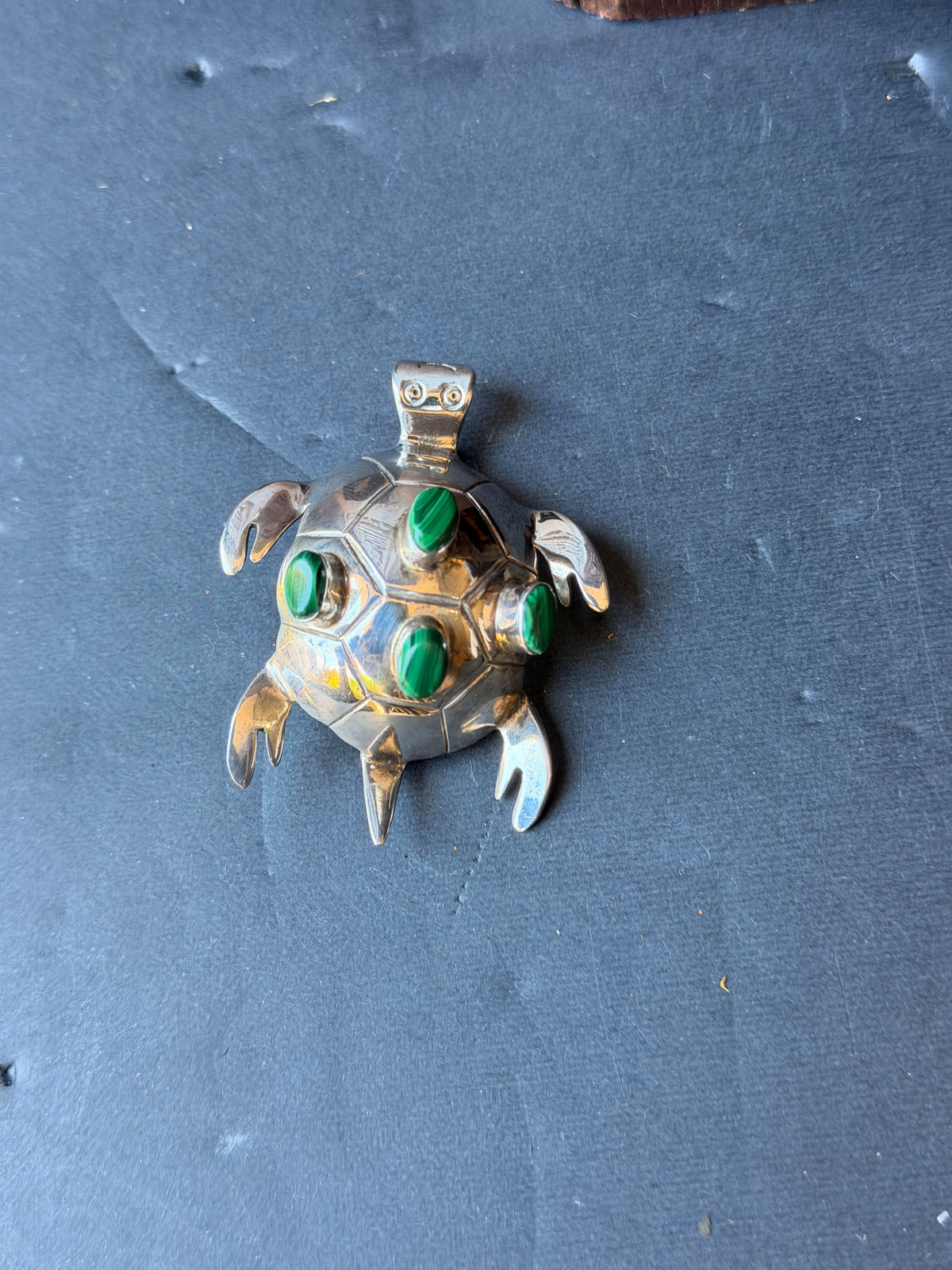 Vintage Mexico 925 Sterling Silver Malachite Turtle Brooch Pin Pendant 2.2 in