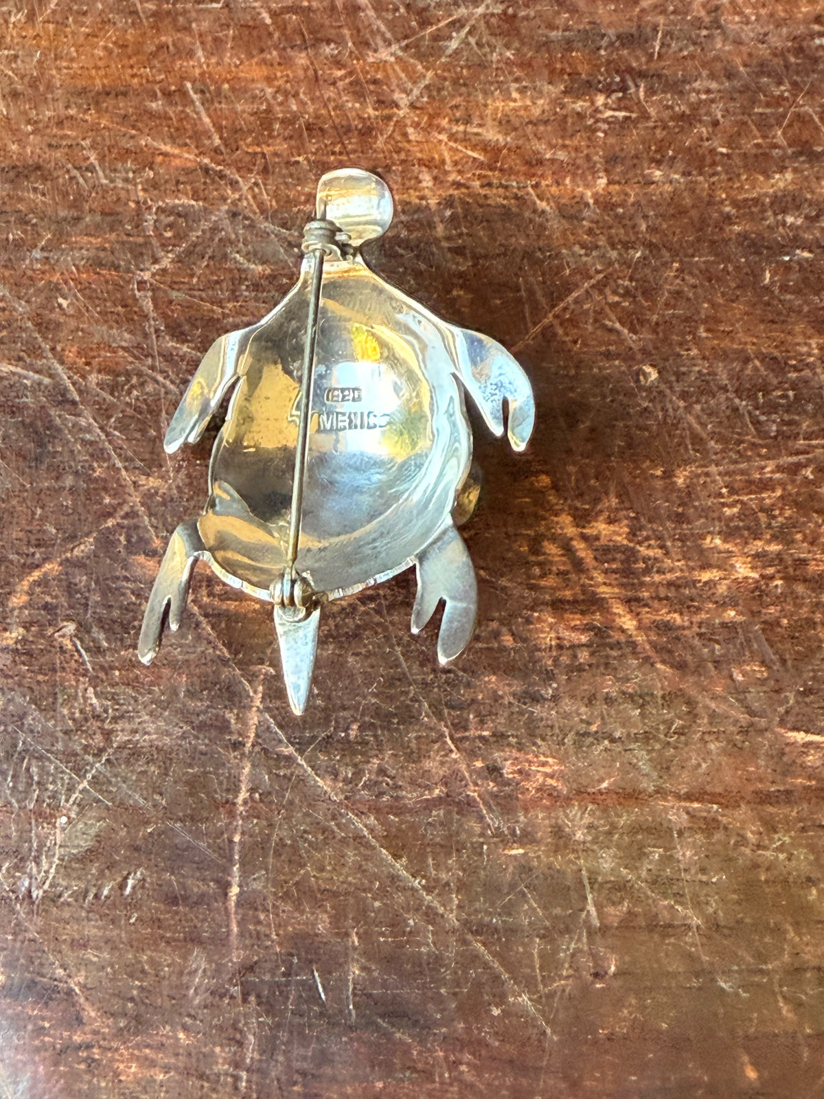 Vintage Mexico 925 Sterling Silver Malachite Turtle Brooch Pin Pendant 2.2 in