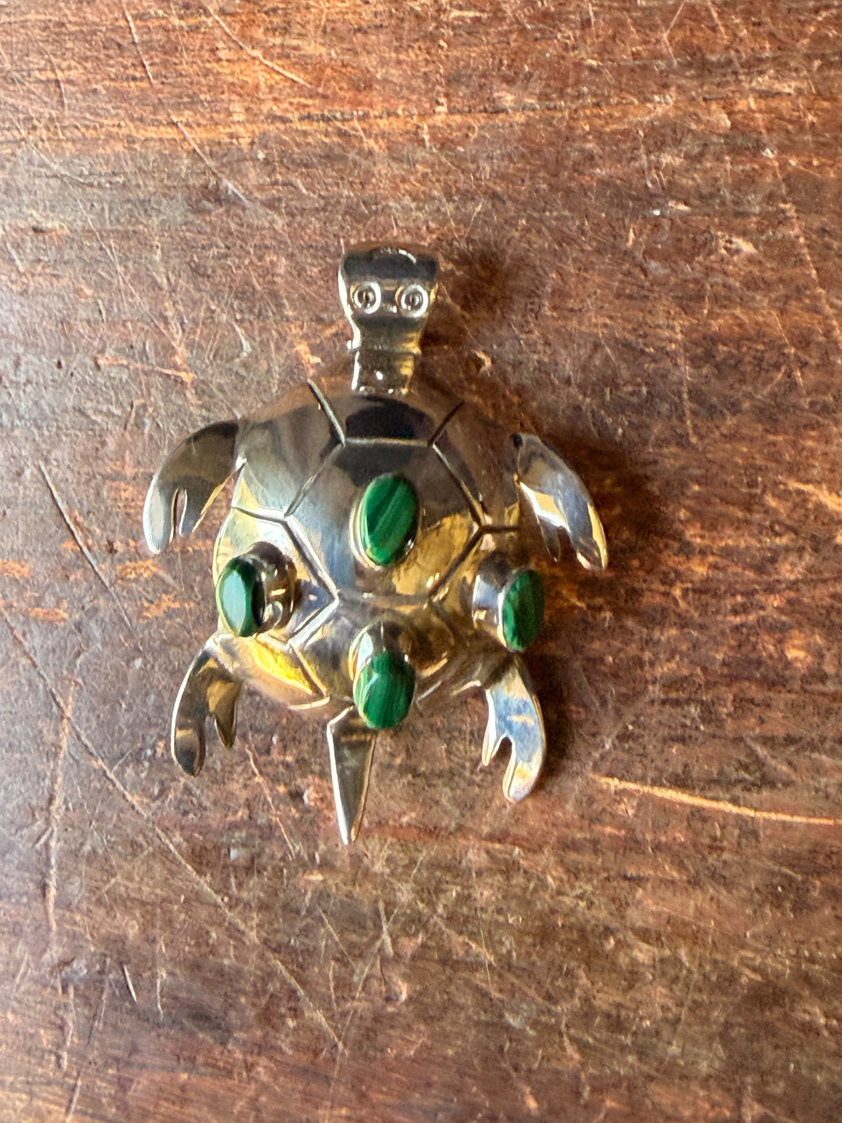 Vintage Mexico 925 Sterling Silver Malachite Turtle Brooch Pin Pendant 2.2 in