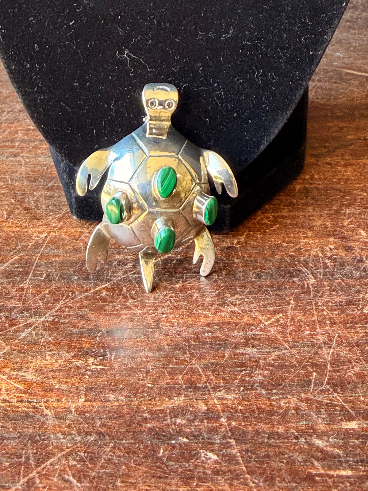 Vintage Mexico 925 Sterling Silver Malachite Turtle Brooch Pin Pendant 2.2 in