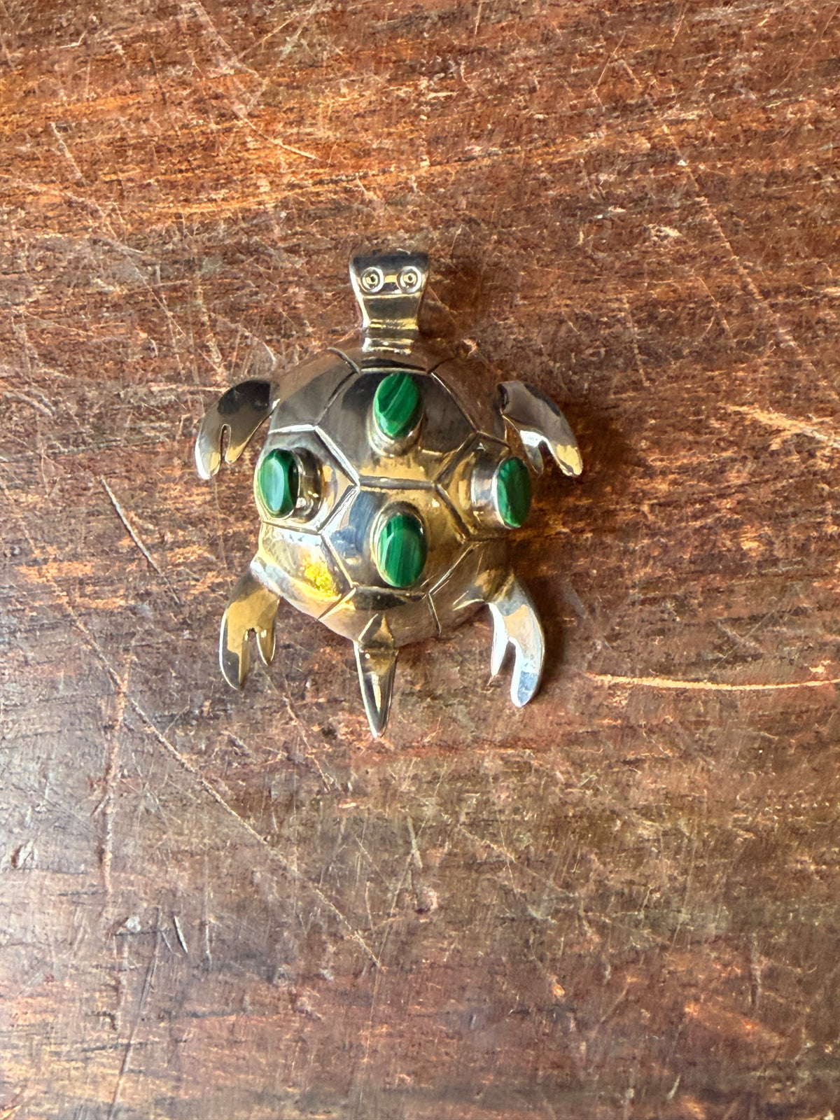 Vintage Mexico 925 Sterling Silver Malachite Turtle Brooch Pin Pendant 2.2 in