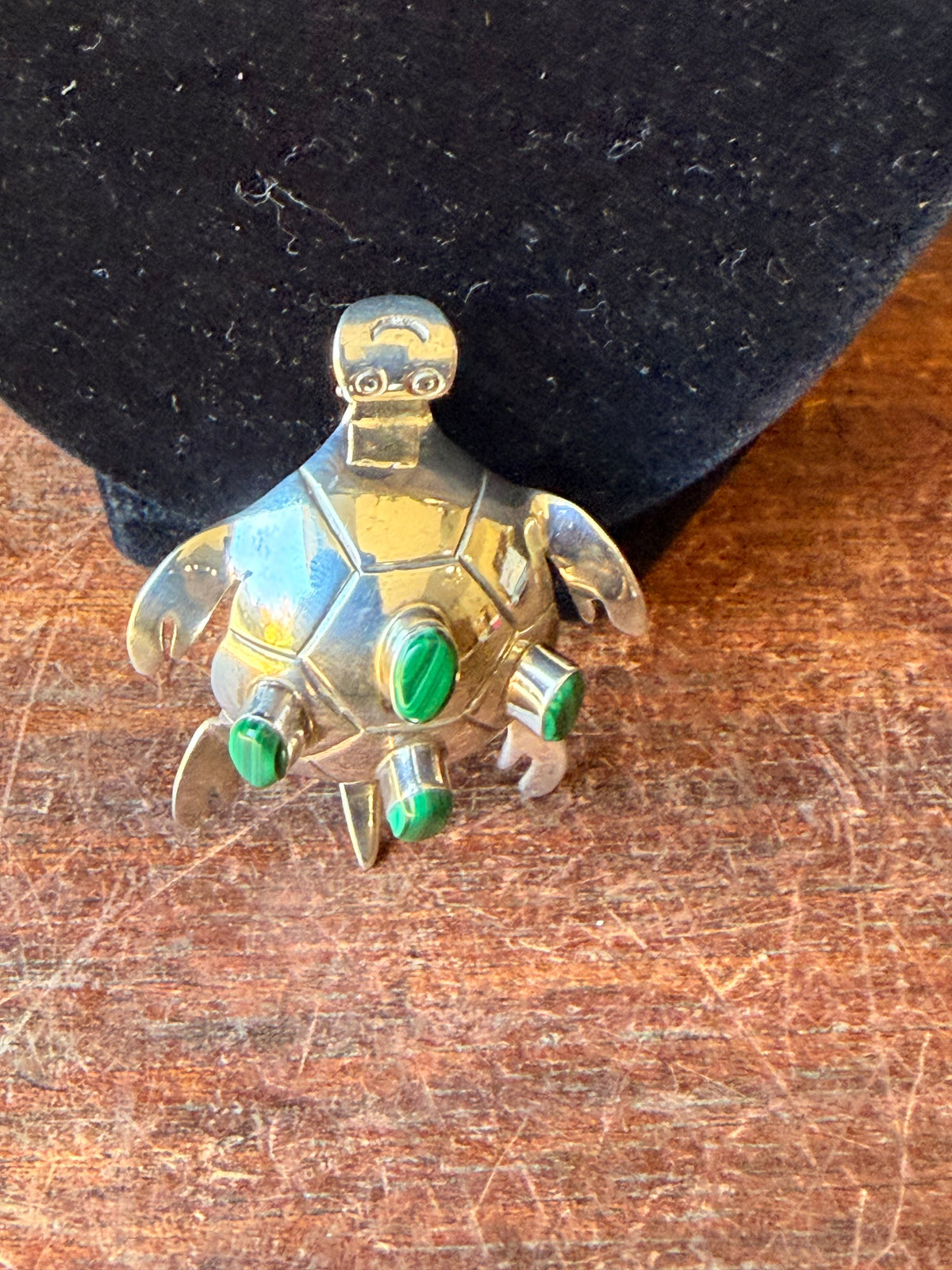 Vintage Mexico 925 Sterling Silver Malachite Turtle Brooch Pin Pendant 2.2 in
