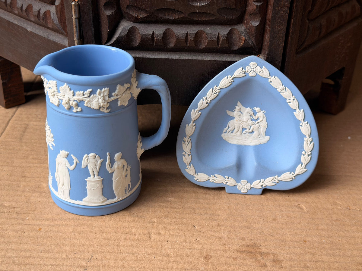 Vintage Wedgwood Pale Blue Jasperware Creamer Jug & Spade Trinket Dish Set of 2