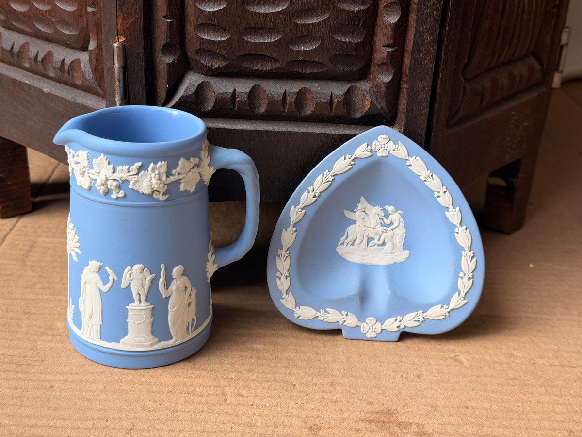 Vintage Wedgwood Pale Blue Jasperware Creamer Jug & Spade Trinket Dish Set of 2