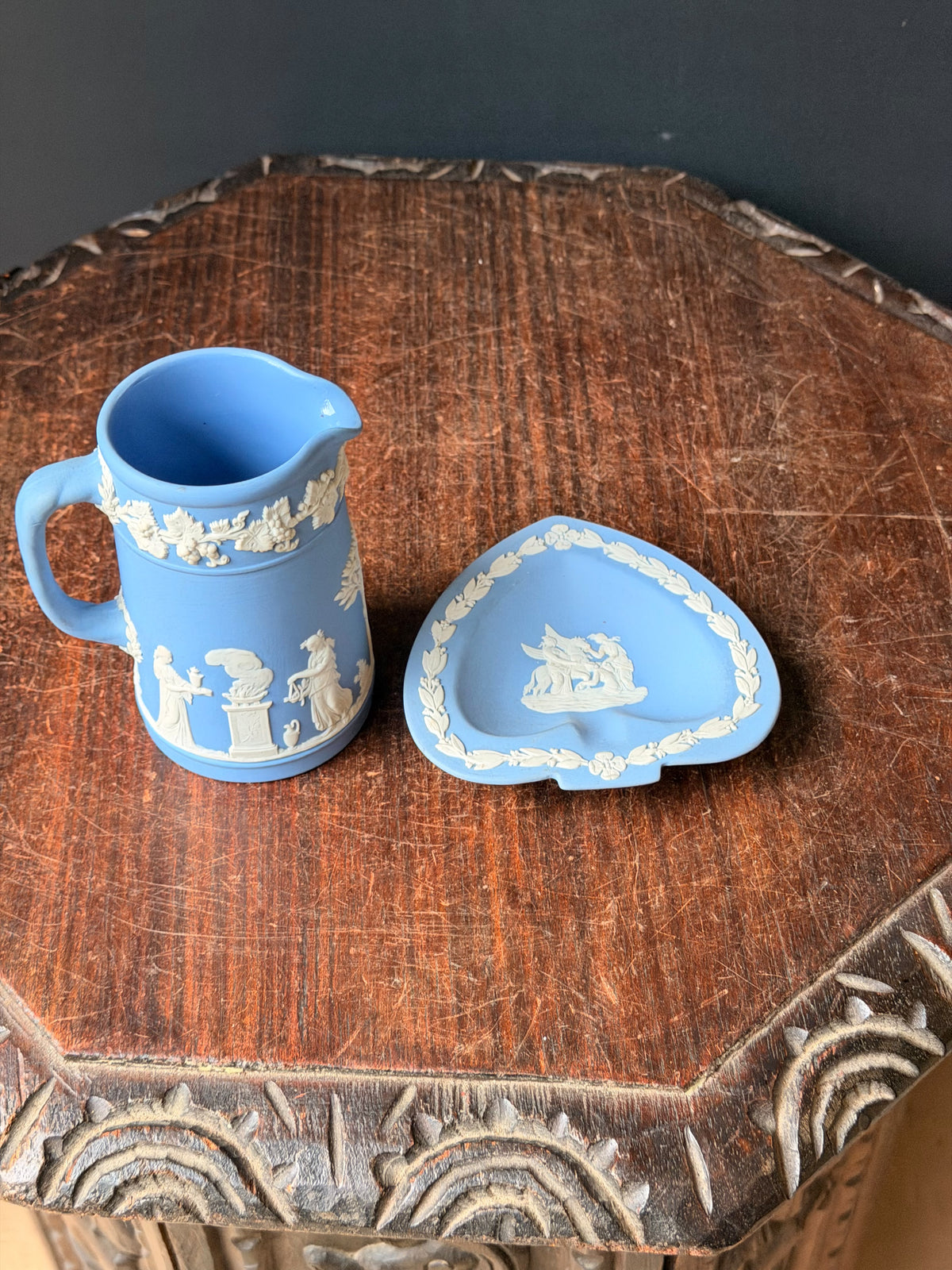 Vintage Wedgwood Pale Blue Jasperware Creamer Jug & Spade Trinket Dish Set of 2