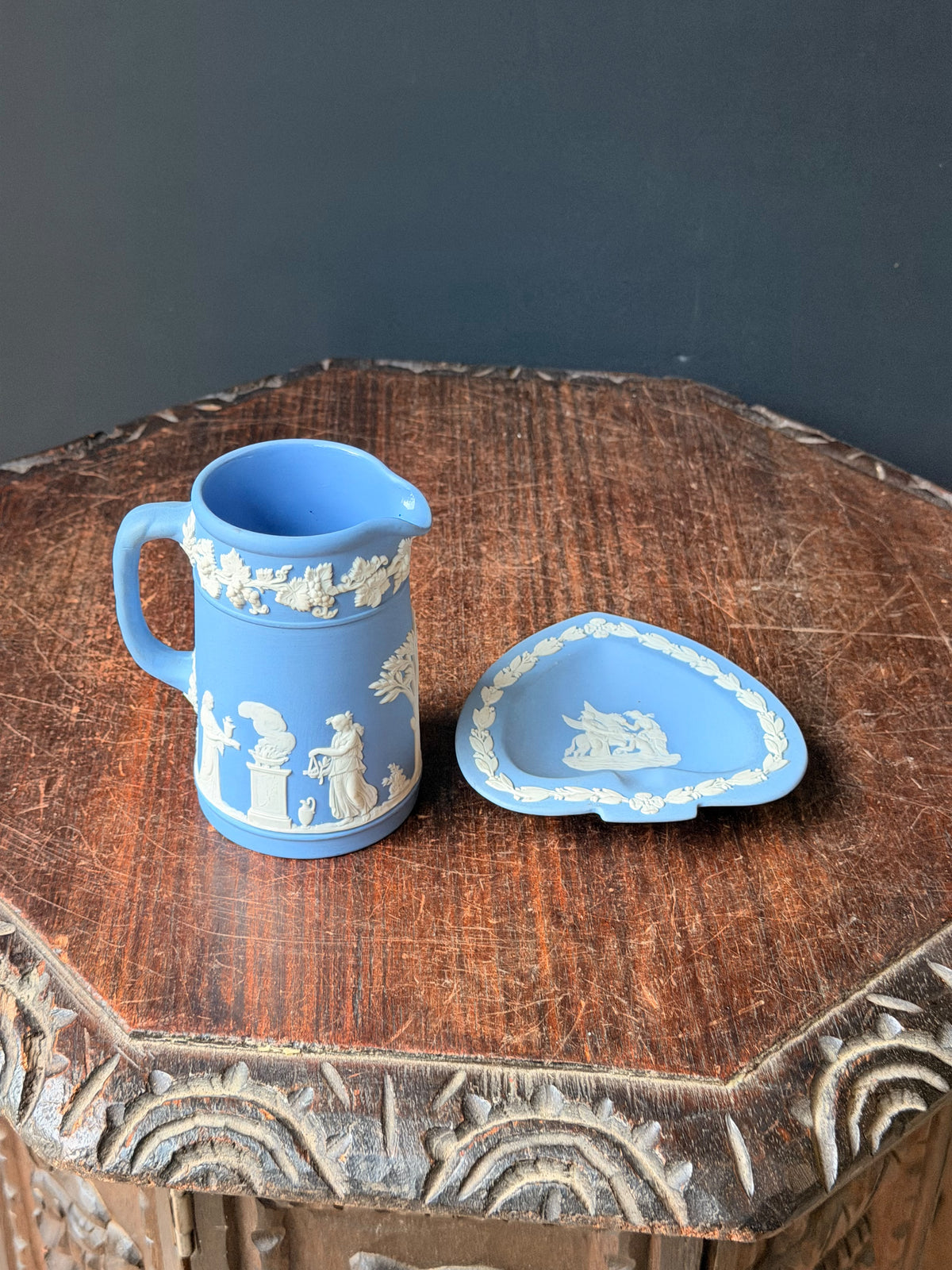 Vintage Wedgwood Pale Blue Jasperware Creamer Jug & Spade Trinket Dish Set of 2