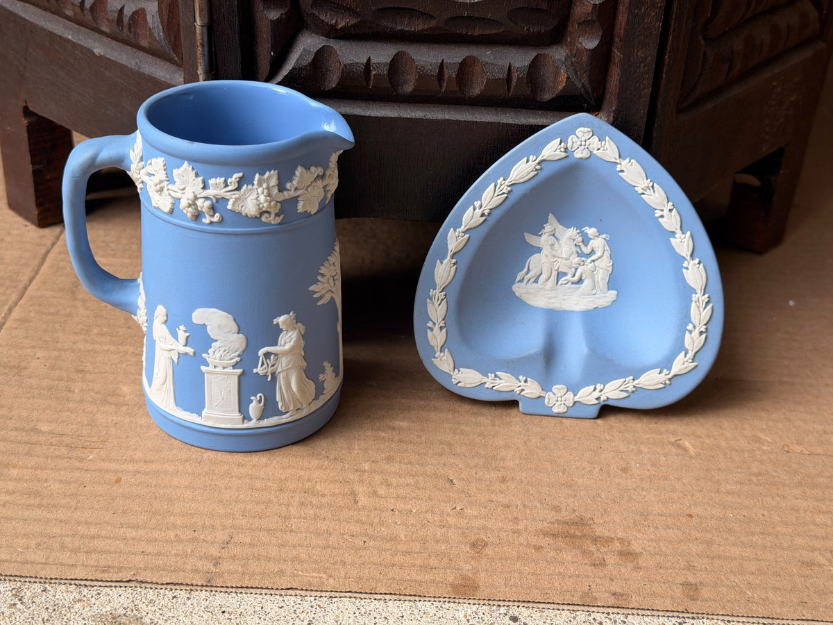 Vintage Wedgwood Pale Blue Jasperware Creamer Jug & Spade Trinket Dish Set of 2