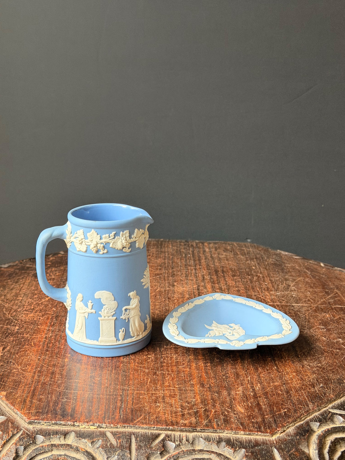 Vintage Wedgwood Pale Blue Jasperware Creamer Jug & Spade Trinket Dish Set of 2