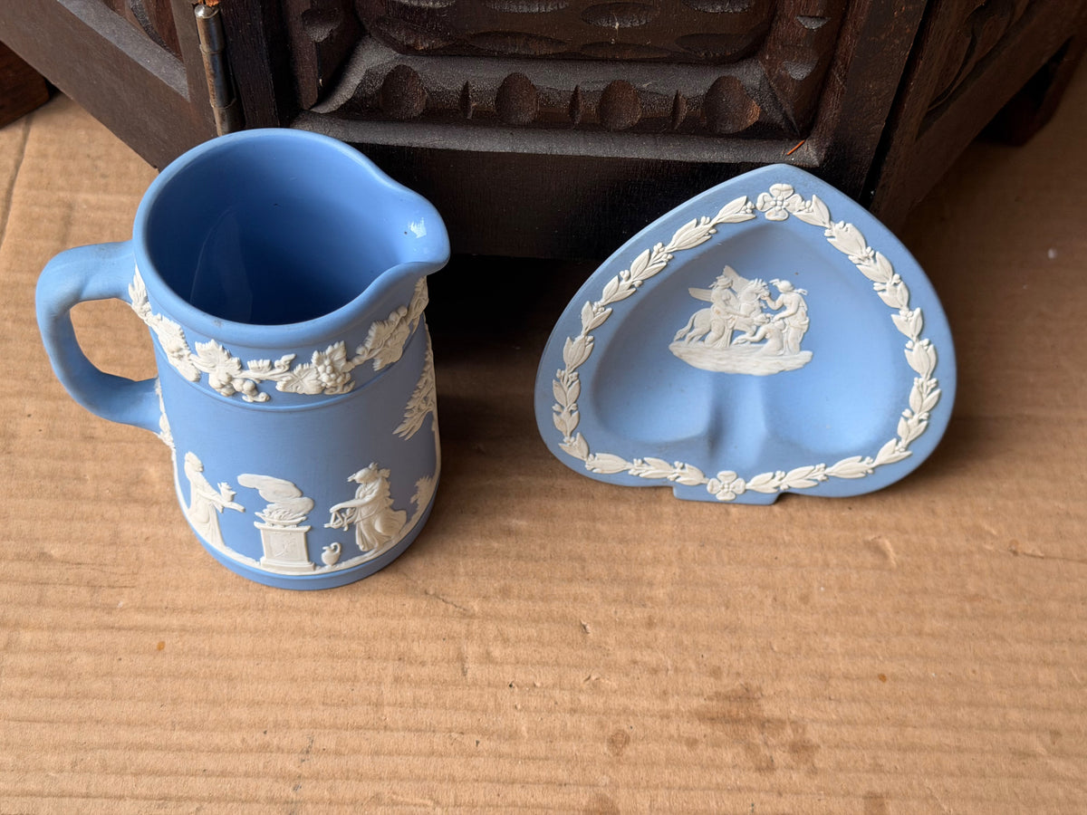 Vintage Wedgwood Pale Blue Jasperware Creamer Jug & Spade Trinket Dish Set of 2