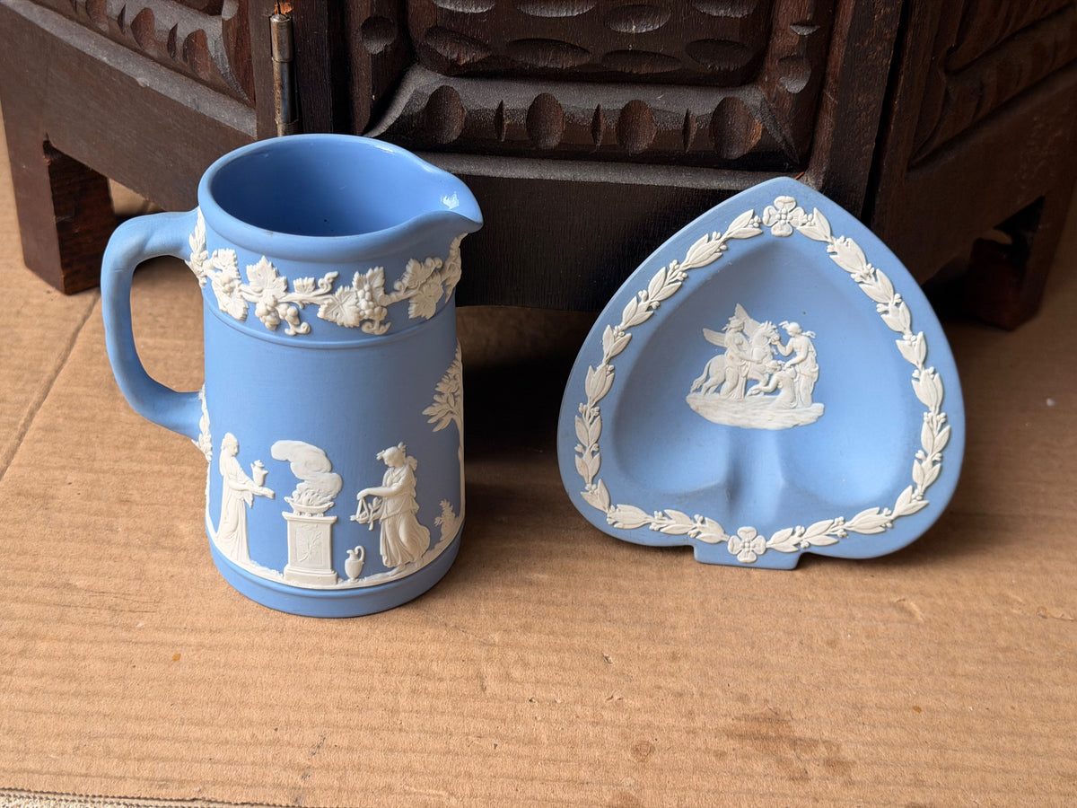 Vintage Wedgwood Pale Blue Jasperware Creamer Jug & Spade Trinket Dish Set of 2
