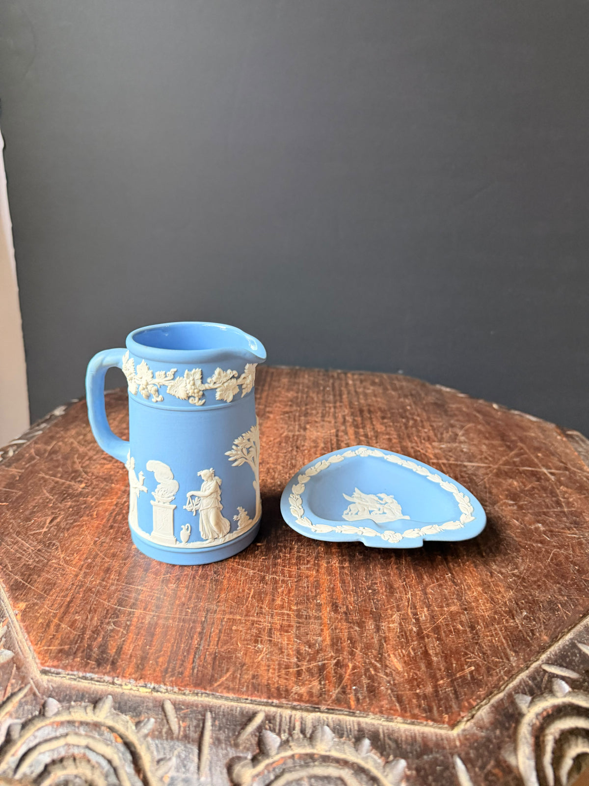 Vintage Wedgwood Pale Blue Jasperware Creamer Jug & Spade Trinket Dish Set of 2