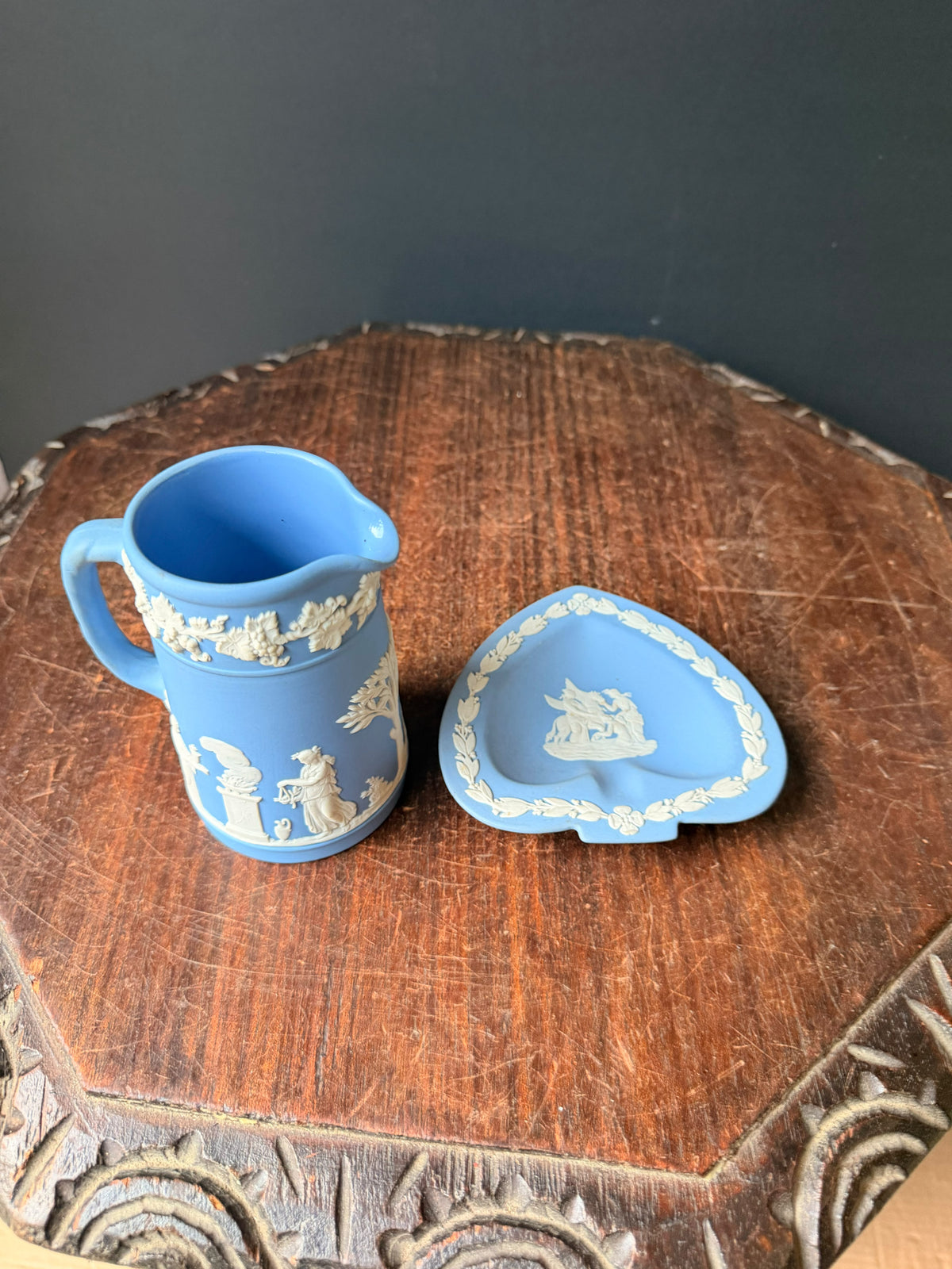 Vintage Wedgwood Pale Blue Jasperware Creamer Jug & Spade Trinket Dish Set of 2